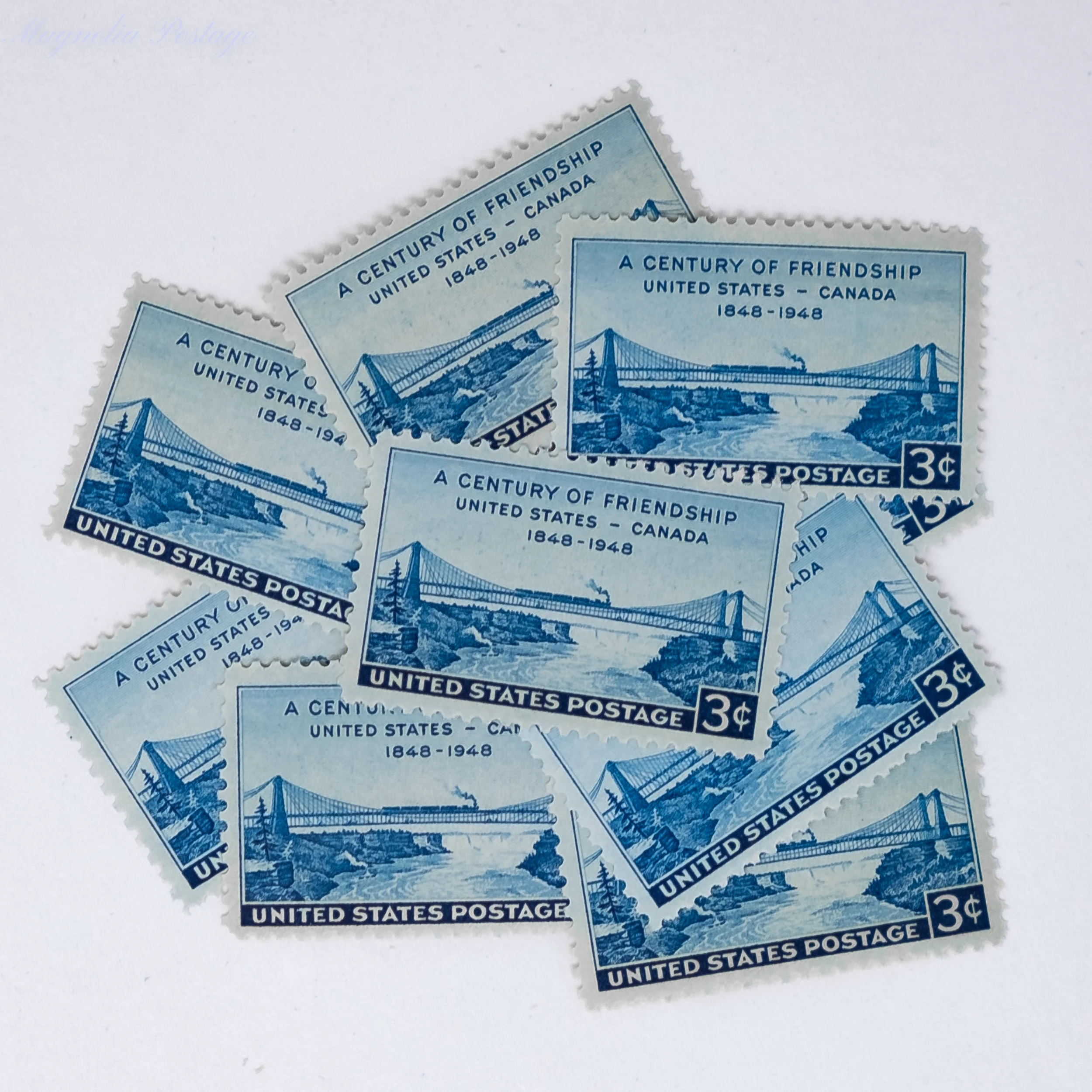 10 x 3-cent US - Canada (Niagara RR Bridge) stamps