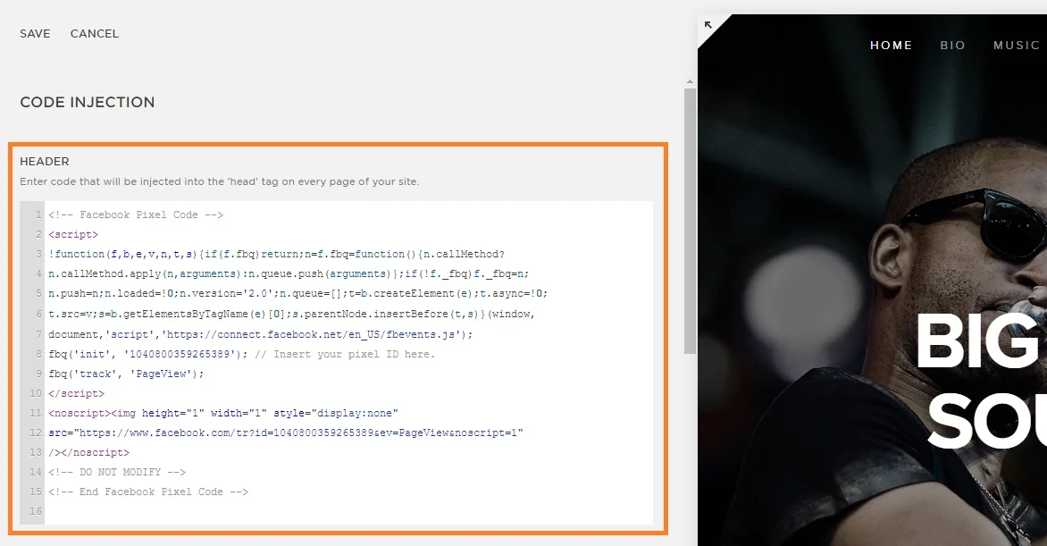 Facebook Pixel Code injected into Squarespace website page header code