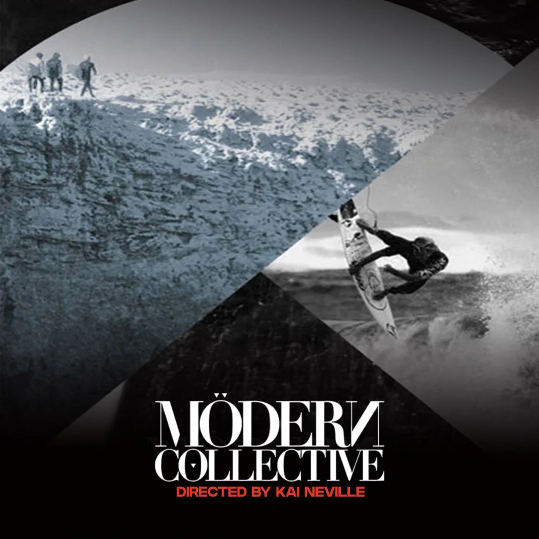 Collage of black and white photos of a snowy mountain landscape, a surfer riding a wave, and a group of people hiking, with the text 'Modern Collective' and 'Directed by Kai Neville'.