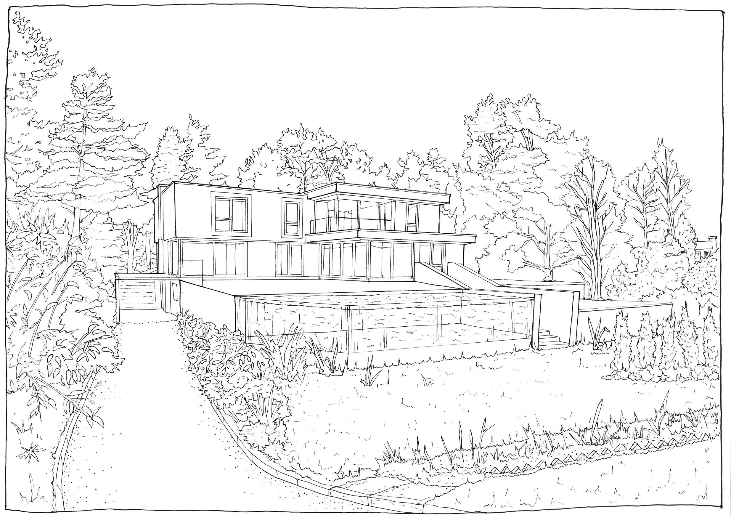 REAR ELEVATION - ORIGINAL PEN DRAWING
