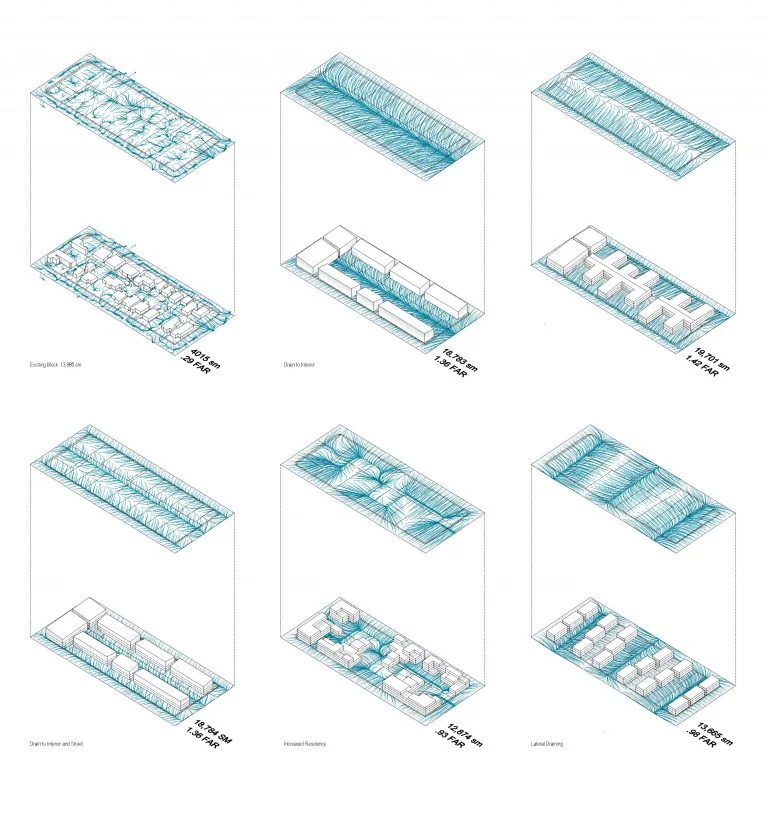 A study of built form aggregation as it affects storm-water drainage and the provision of open space. Image by Dennis Harvey, Pamela Bellavita Carvajal, Ranu Singh. (MIT Urban Design Studio 2016 – Masoud / Mazereeuw).