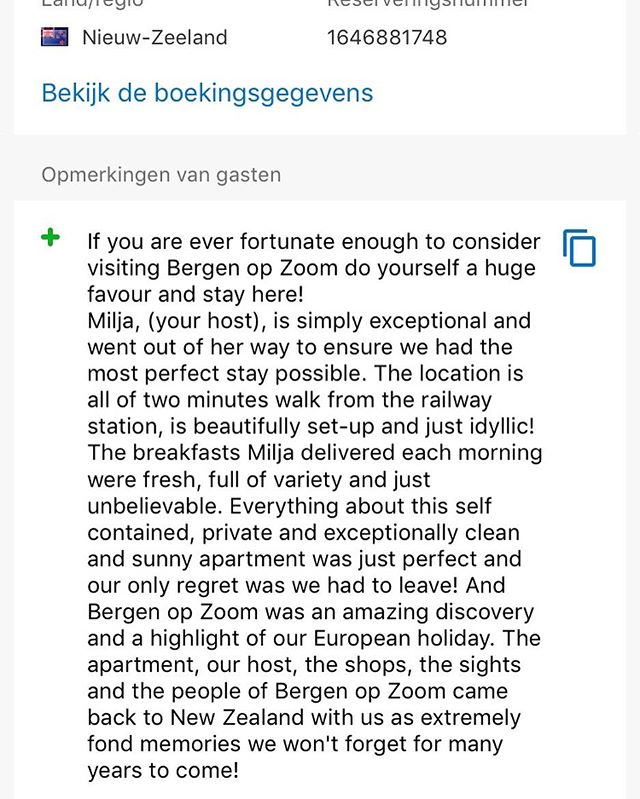 Yes 😀 weer een 10 op alle punten maar de persoonlijke review van de gast is het allergrootste en mooiste compliment😊#reviews#review#nz#newzealand#bookingcom #booking#guestloveus #bergenopzoom #indebuurtbergenopzoom #vvvbrabantsewal #vvvzeeland #lov