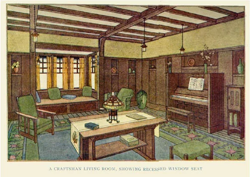 A Craftsman Interior Stickley lavishly illustrated his magazine with color plates, showcasing interiors that had a careful balance of stained wood trim, his trademark built-ins—often oak—with contrasting plaster painted warm, earthy colors.
