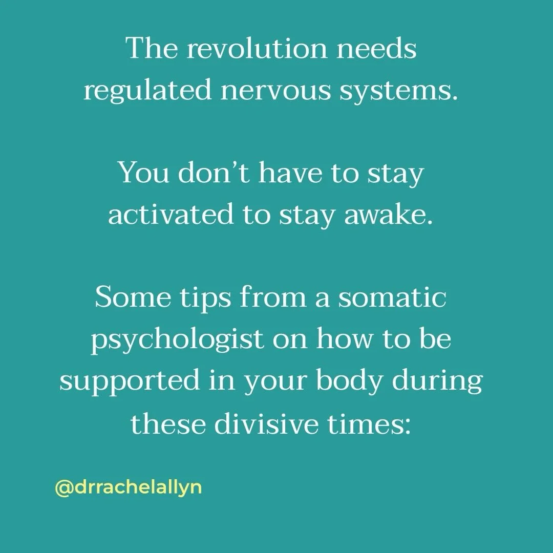 We are in the midst of collective trauma. Here are some tips from a somatic psychologist on how to remain supported in your body during these divisive times.
The revolution needs regulated nervous systems. You can honor your feelings without overwhel
