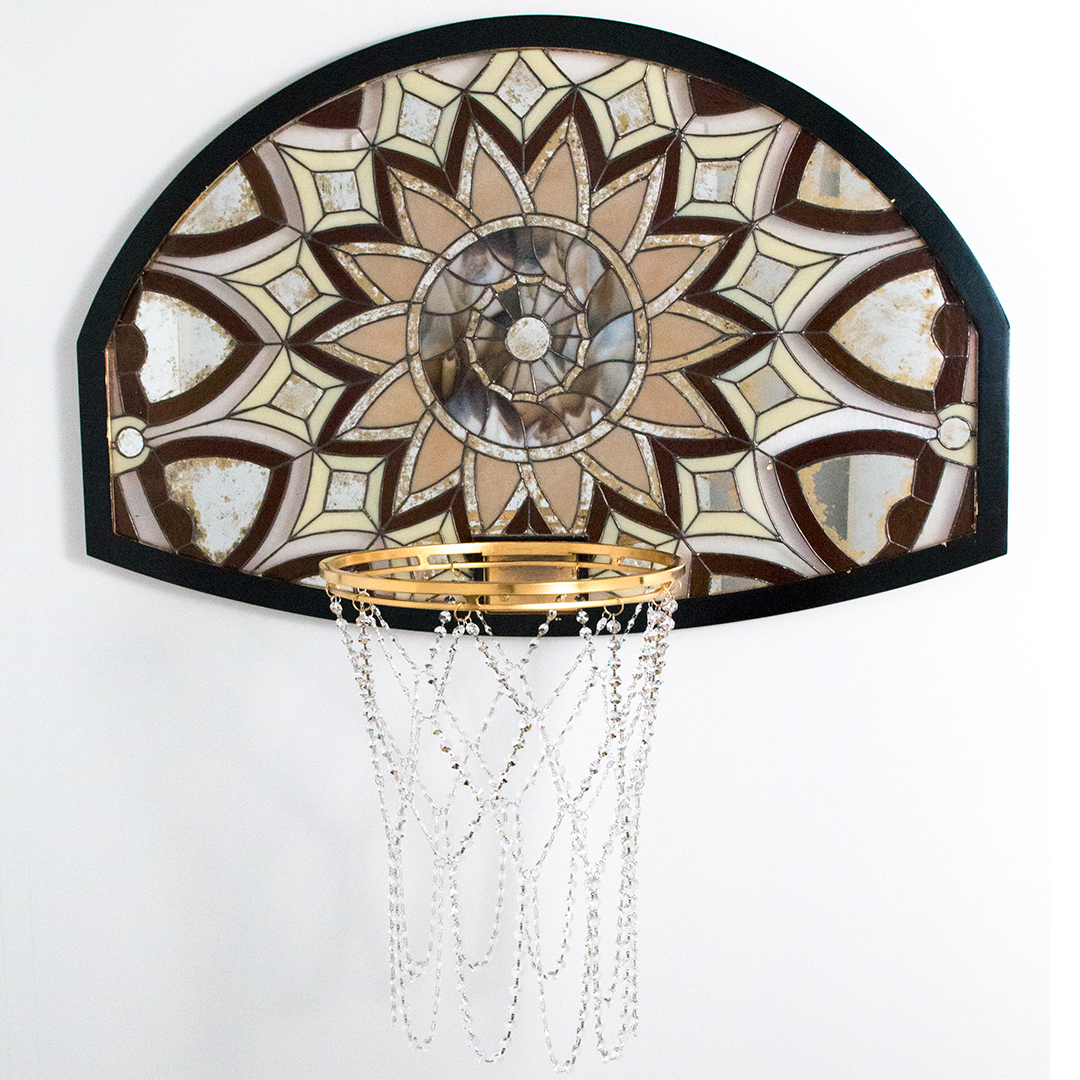 Victor Solomon, "Larger Waists and Tastes." 2016. Glass, mirror, lead, 24k gold-plated steel, acrylic frame, swarovski crystal. 44 x 40 x 20 in.