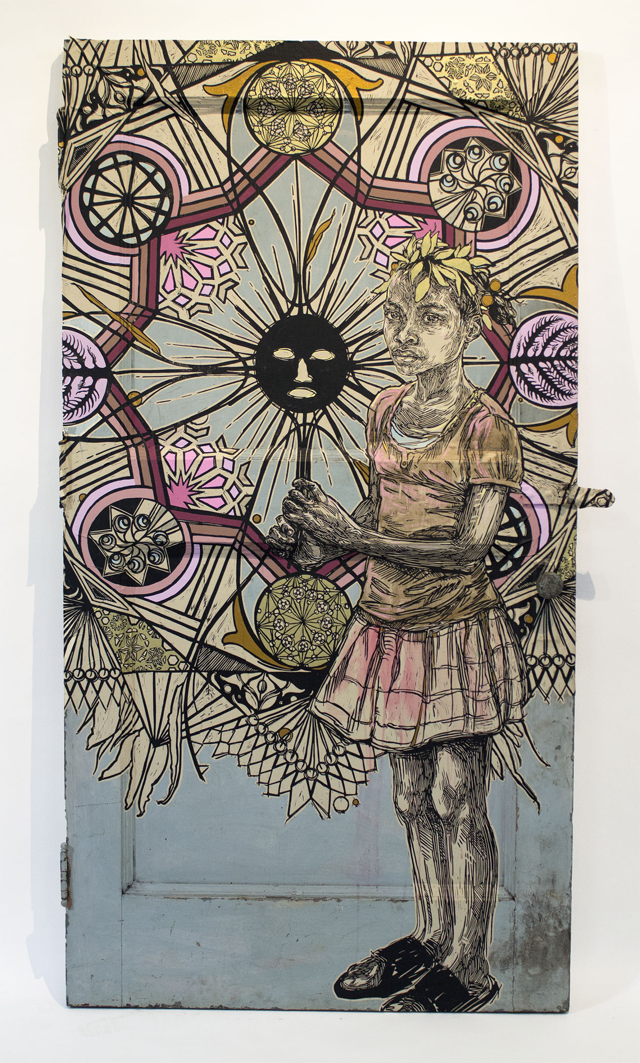  Swoon, "Edline." 2015. Block print on paper on metal door. 44 x 83 x 2.5 in. 