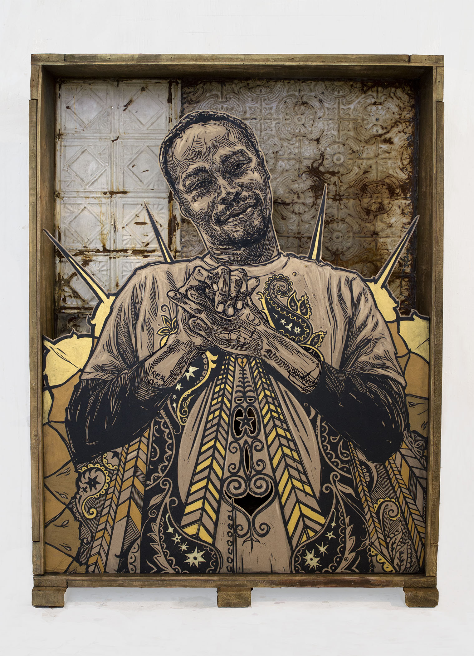  Swoon, "George." 2015. Block print, hand painting and mixed media. 53 x 40 x 9 in.&nbsp; 