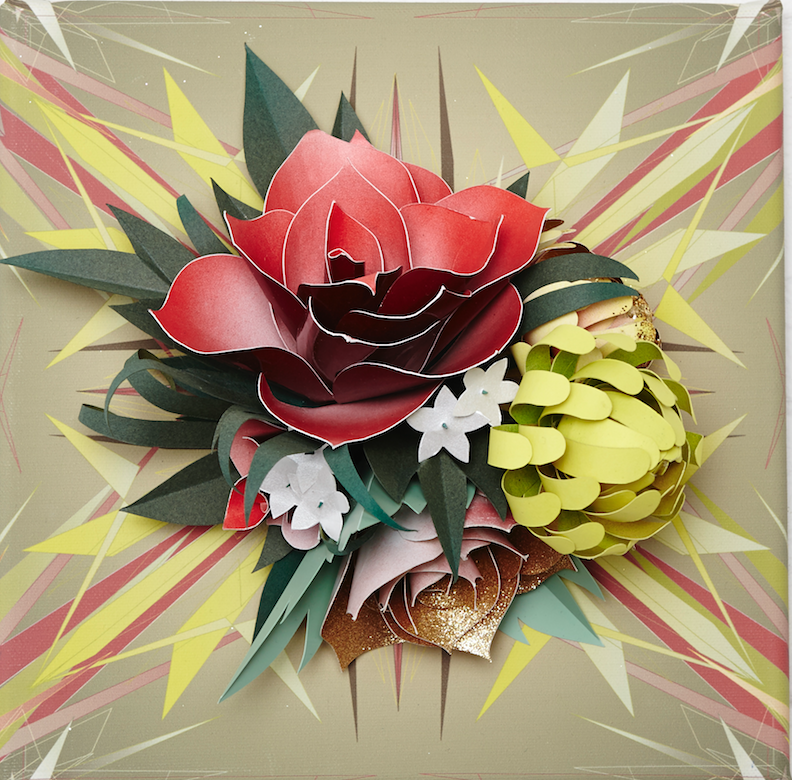  Lacy Barry, "Gold Fire Floral, plate #3" 2014. Paper oral bouquet mounted on giclee printed vector mural square. 10 x 10 in. 