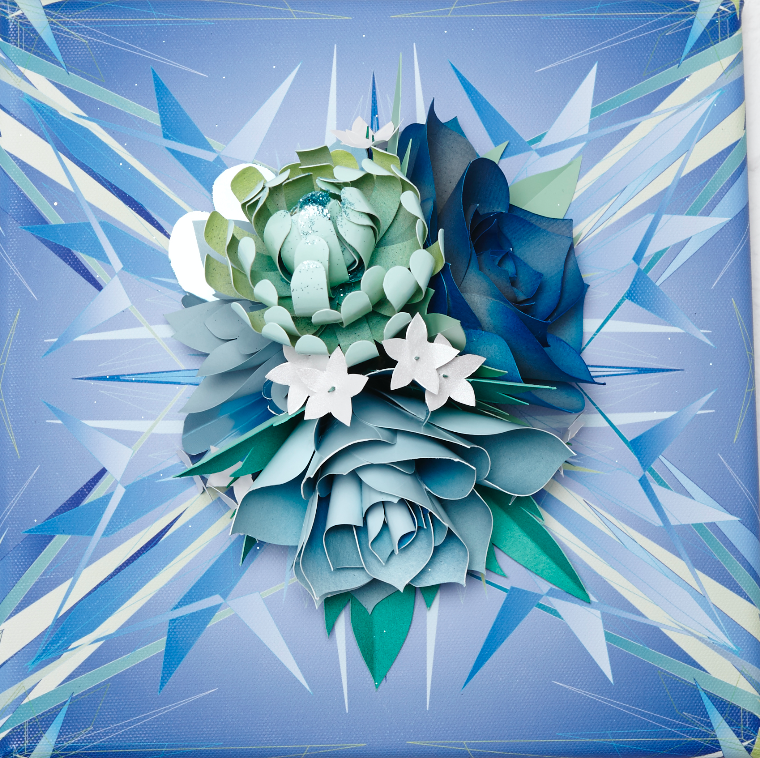  Lacy Barry, "Oceanic Lake Floral, plate #5" 2014. Paper oral bouquet mounted on giclee printed vector mural square. 10 x 10 in. 