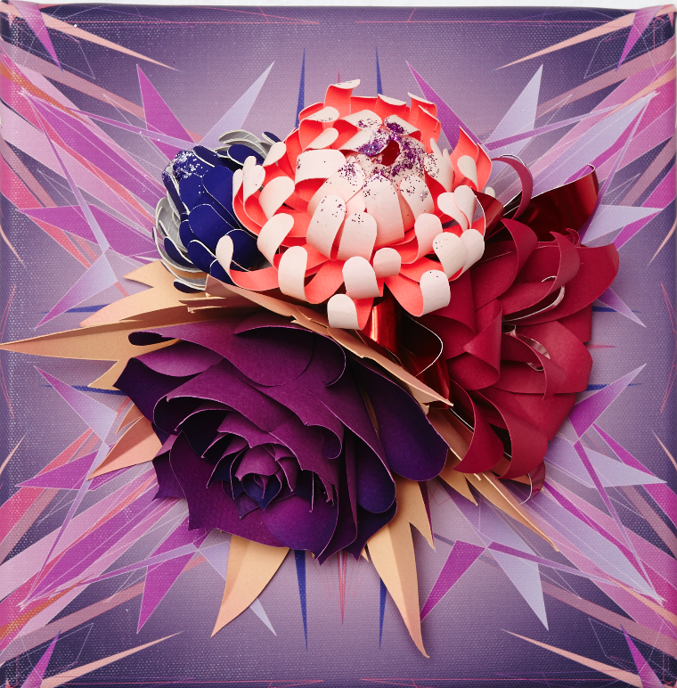  Lacy Barry, "Purple Fire Floral, plate #2." 2014. Paper oral bouquet mounted on giclee printed vector mural square. 10 x 10 in. 