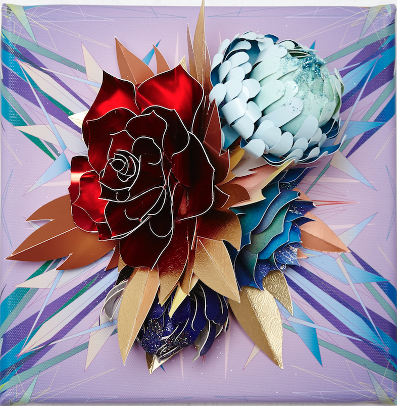  Lacy Barry, "Pigeon and Dove Floral, plate #6" 2014. Paper oral bouquet mounted on giclee printed vector mural square. 10 x 10 in. 