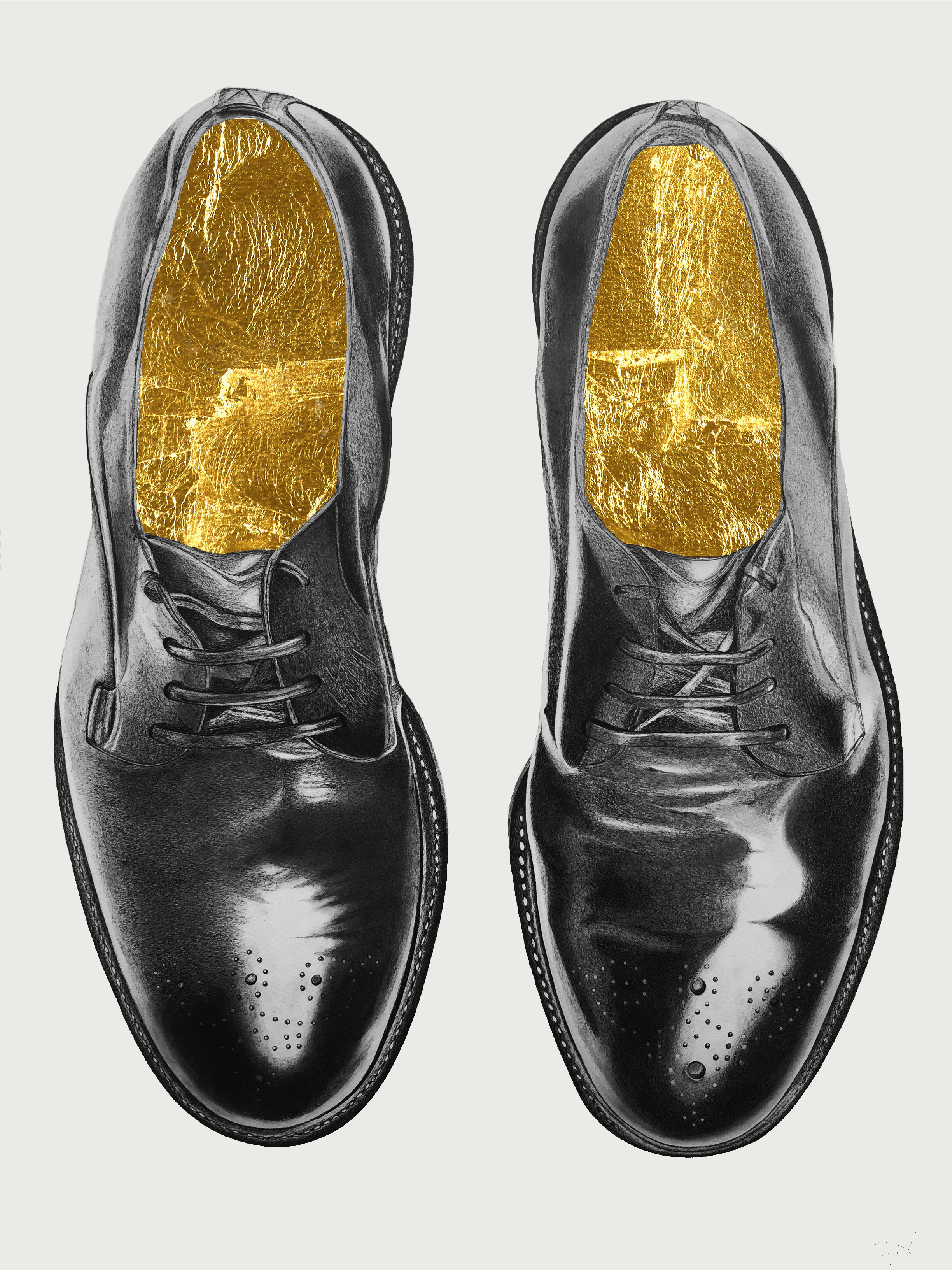  Elizabeth Waggett, "Poor Man's Shoes." 2016. Ink, graphite, 24k gold. 22 x 30 in.&nbsp; 