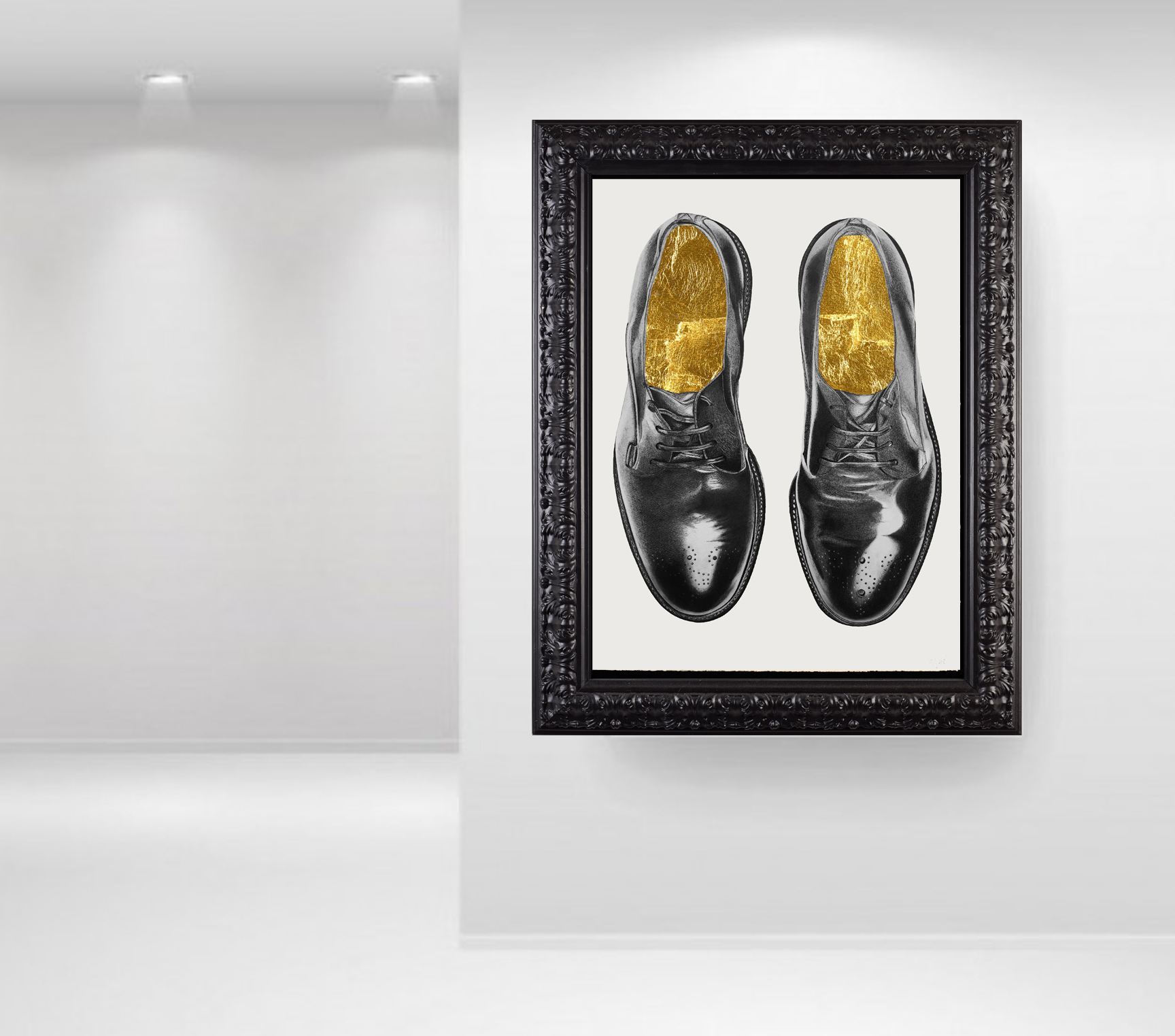  Elizabeth Waggett, "Poor Man's Shoes." 2016. Ink, graphite, 24k gold. 22 x 30 in.&nbsp; 