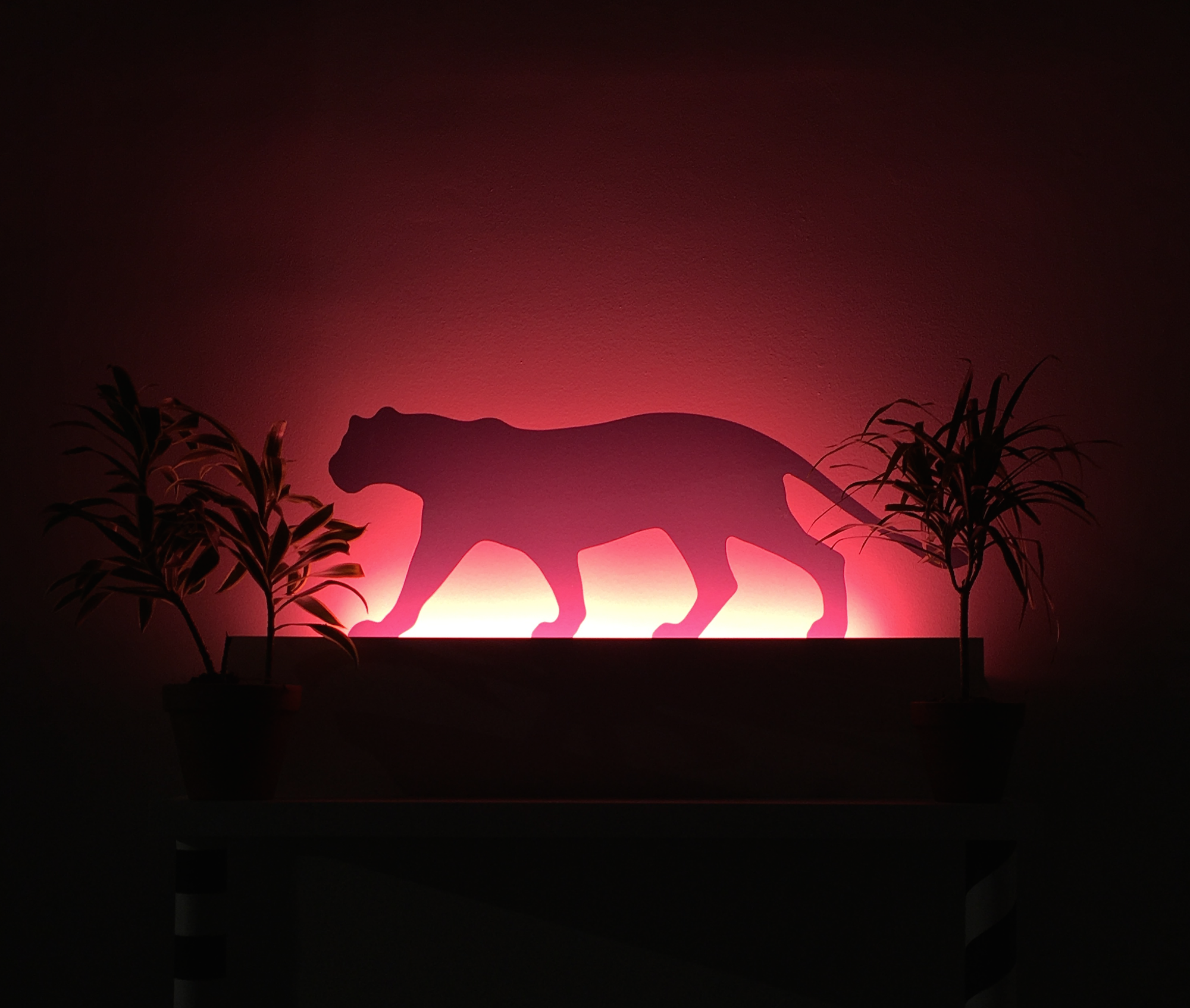   Dave Singley, "Otho,"&nbsp;  2016. Acrylic plexi panther with shelf, live plants and neon. 18 x 24.  