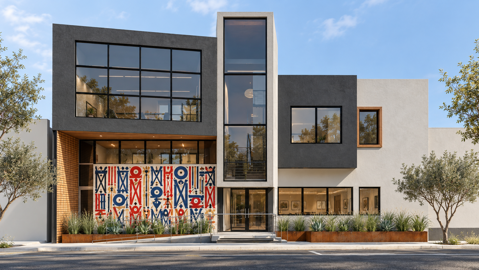 Modern Office Facade with Vibrant Mural.png