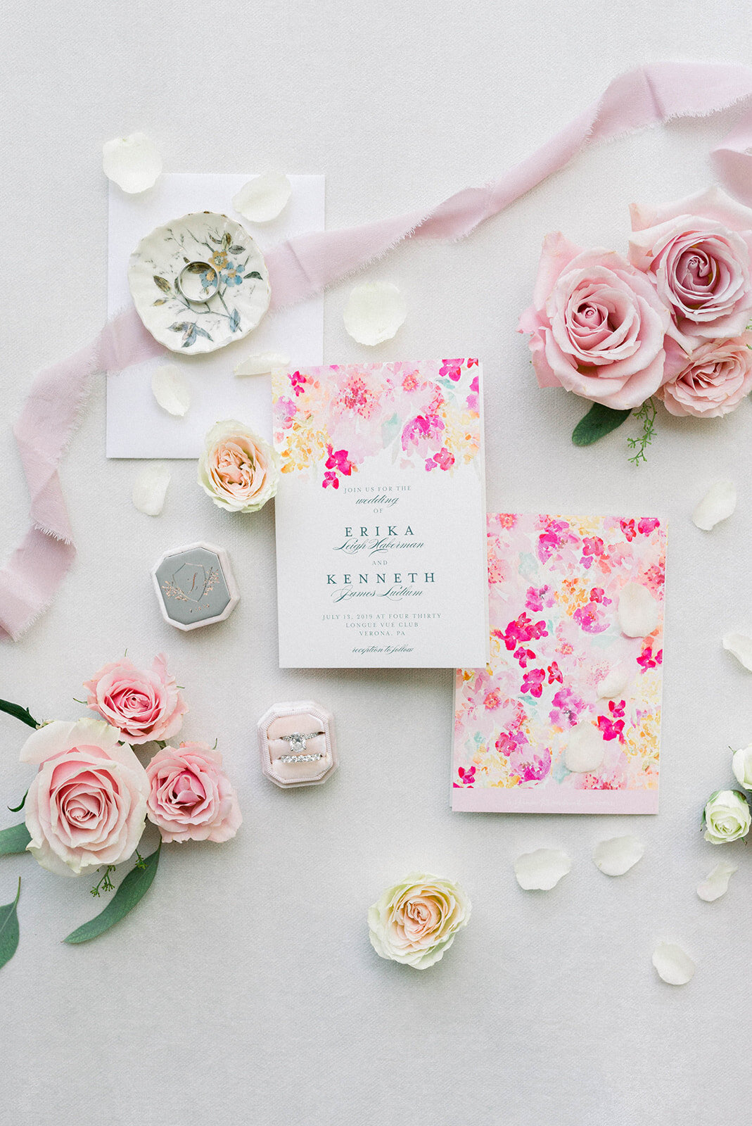 Pink floral wedding invitations: Longue Vue Club Wedding captured by Abbie Tyler Photography