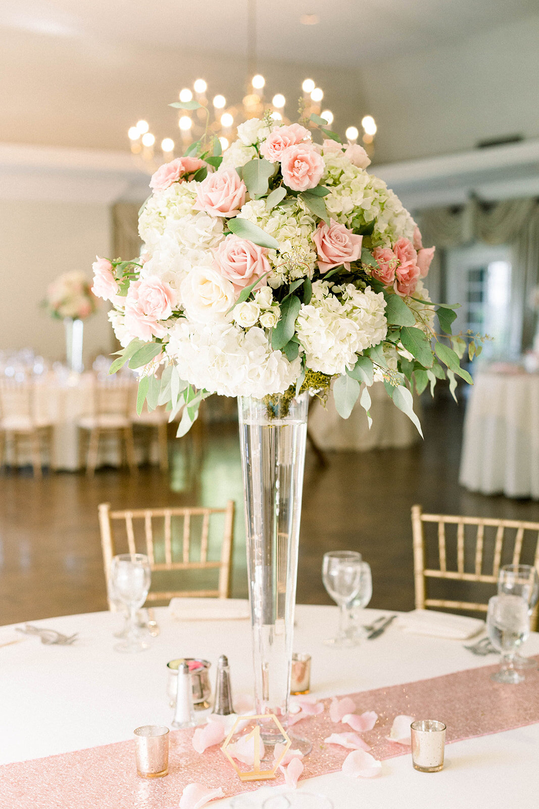 Tall pink and white wedding centerpieces in glass vase: Longue Vue Club Wedding captured by Abbie Tyler Photography 