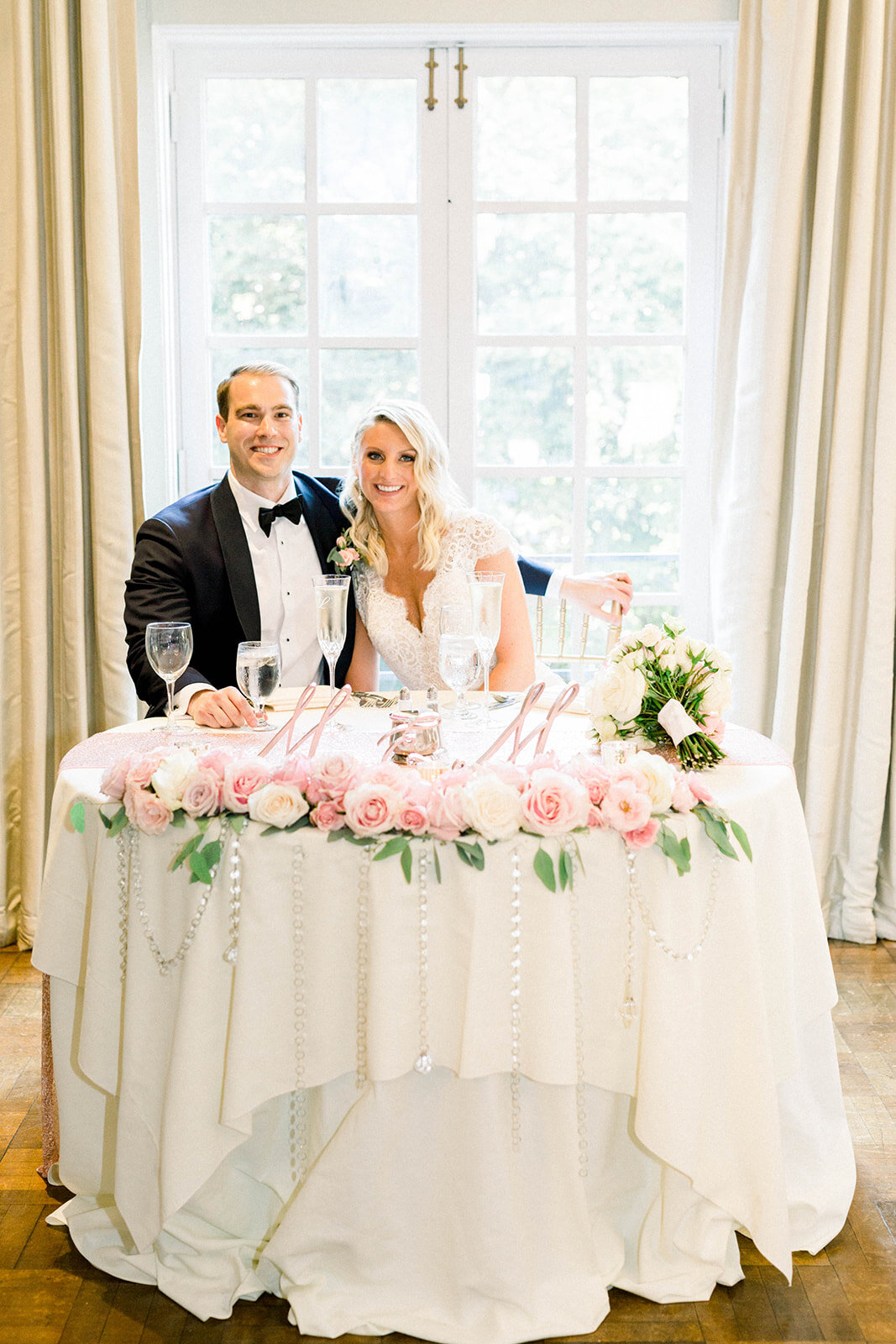 Pink and white floral wedding sweetheart table: Longue Vue Club Wedding captured by Abbie Tyler Photography