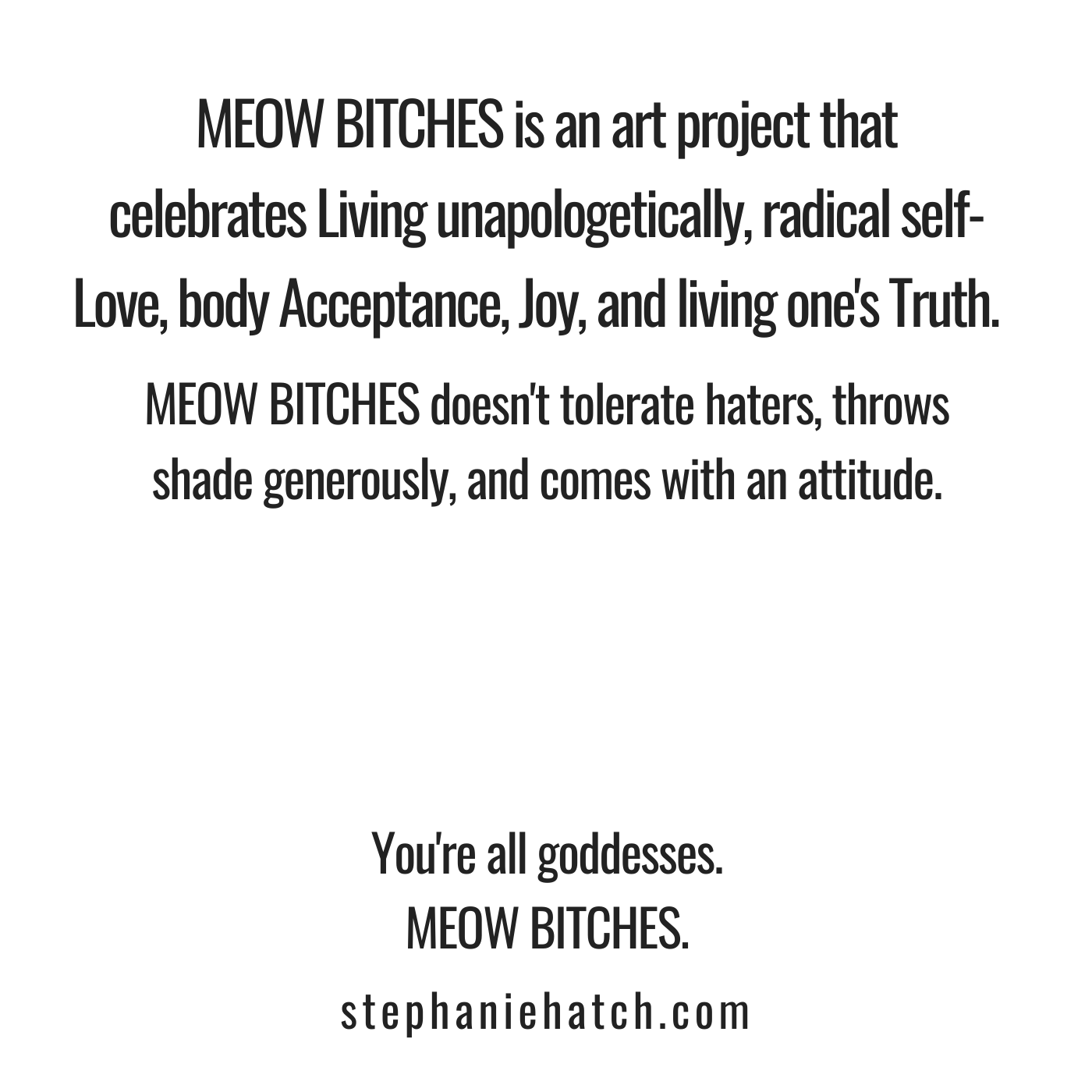Copy of MEOW BITCHES is a movement of Living Unapologetically, radical self-love, body acceptance, Joy, and living one's truth. MEOW BITCHES doesn't tolerate haters, throws shade generously, and comes with an a.png