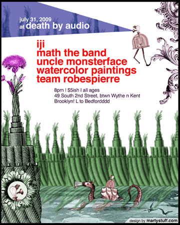 What follows are several more examples of posters and illustrations that I've worked on over the years. If you have any questions or are interested in hiring me for design/illustration, please contact me . Pictured here in this 2009 concert poster for Math the Band, I've dropped some of my persistent love of symettry in favor of a strange and other-worldly implied narrative featuring some characters from Professor Hero's Old Timey Automatons .