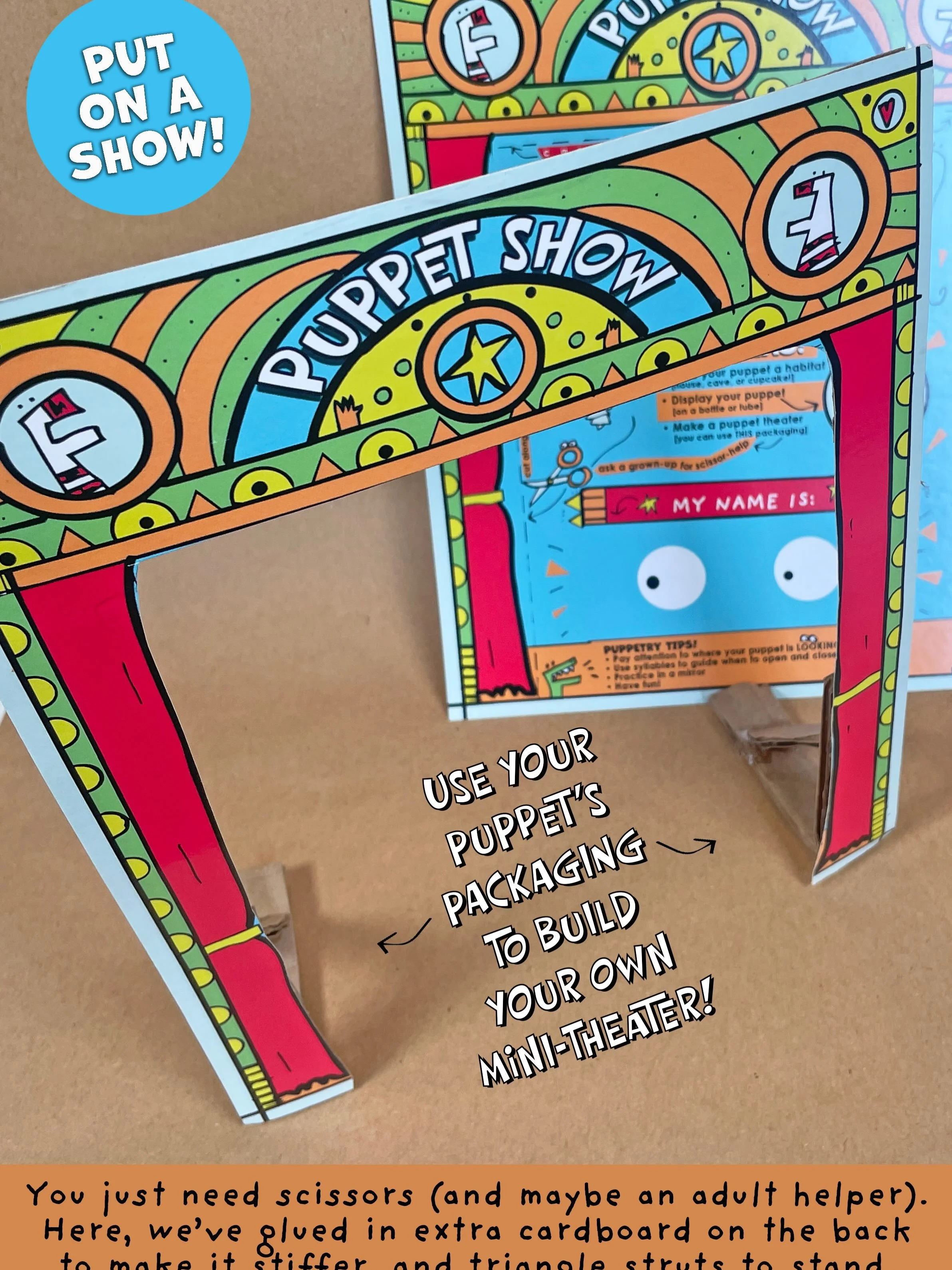 New packaging is now featured in our store!

On the packaging you&rsquo;ll find each puppet&rsquo;s name and story along with instructions, and basic puppetry tips. And then the package itself transforms into a mini puppet theater!

You just need som