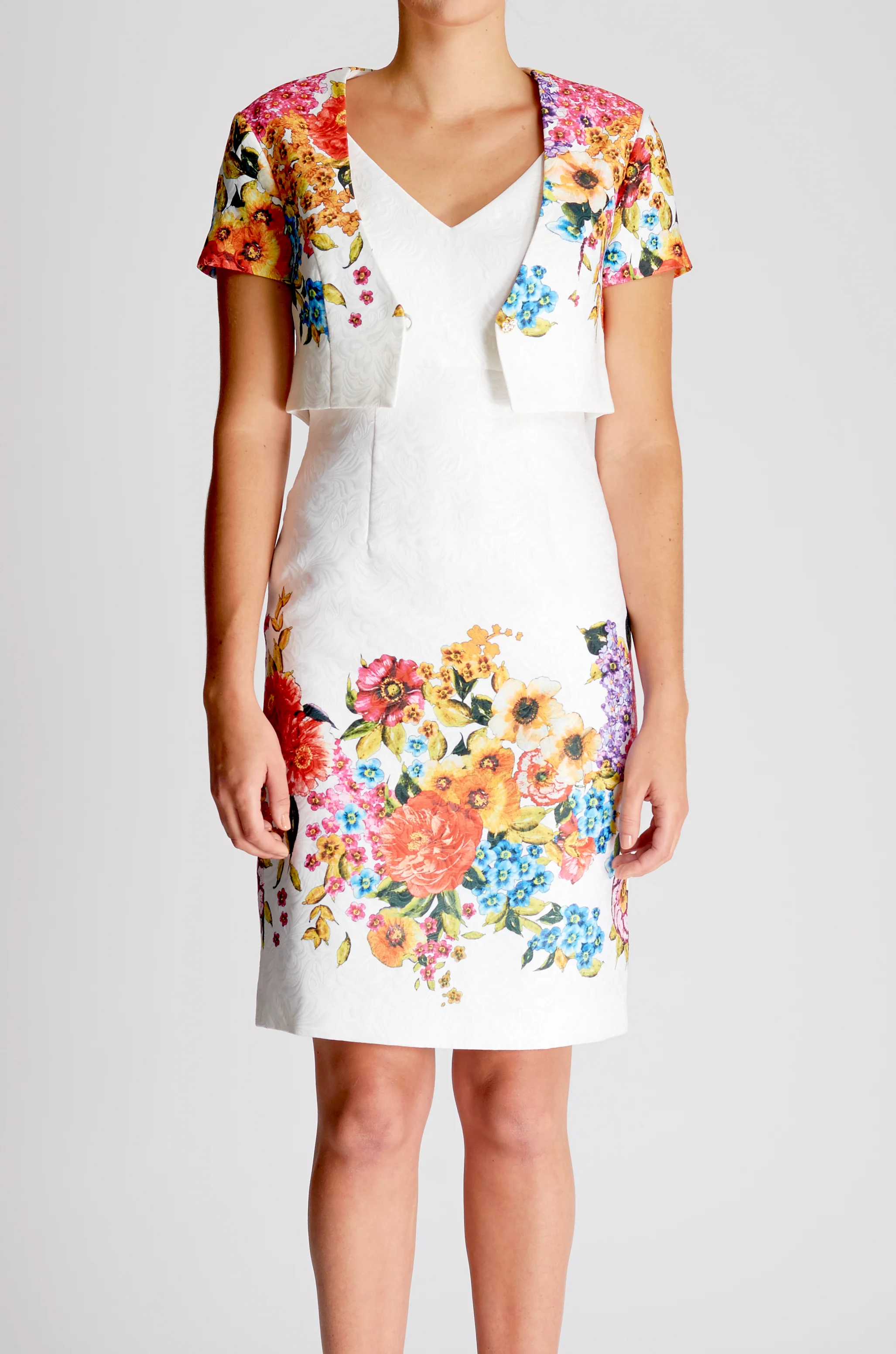 white sheath dress with jacket