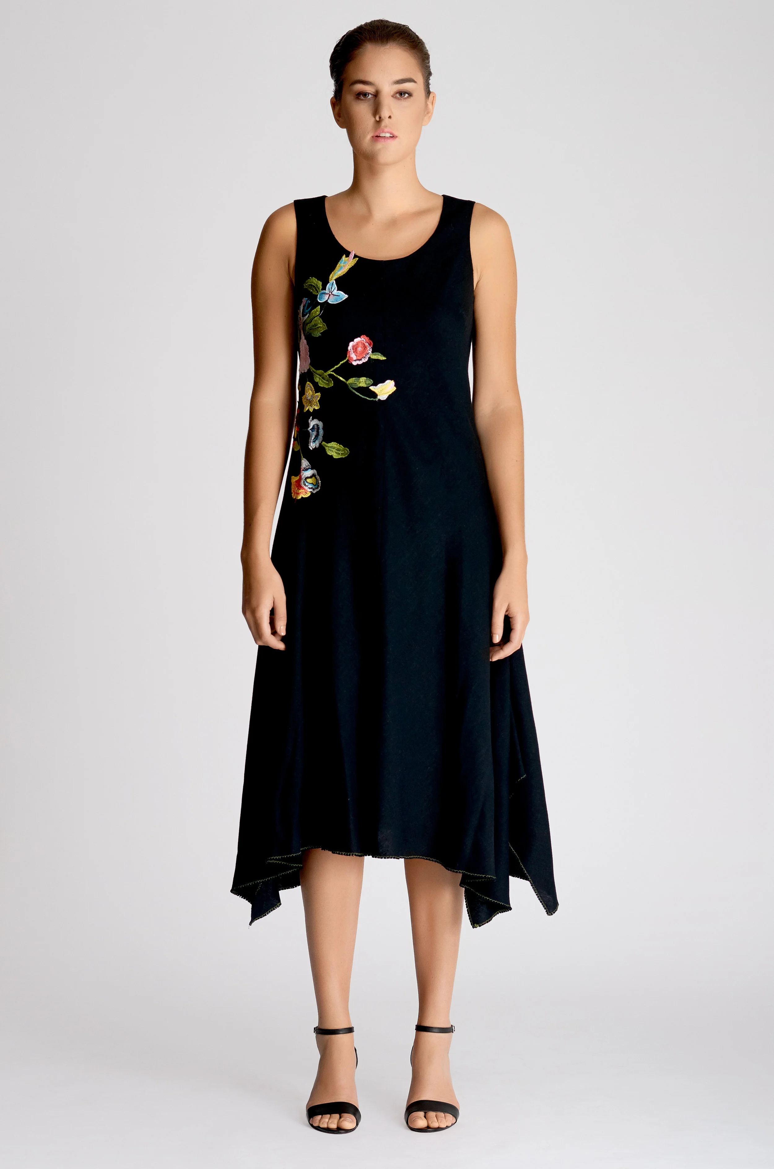 Black Sleeveless Midi Handkerchief-Hem Dress  DENARA