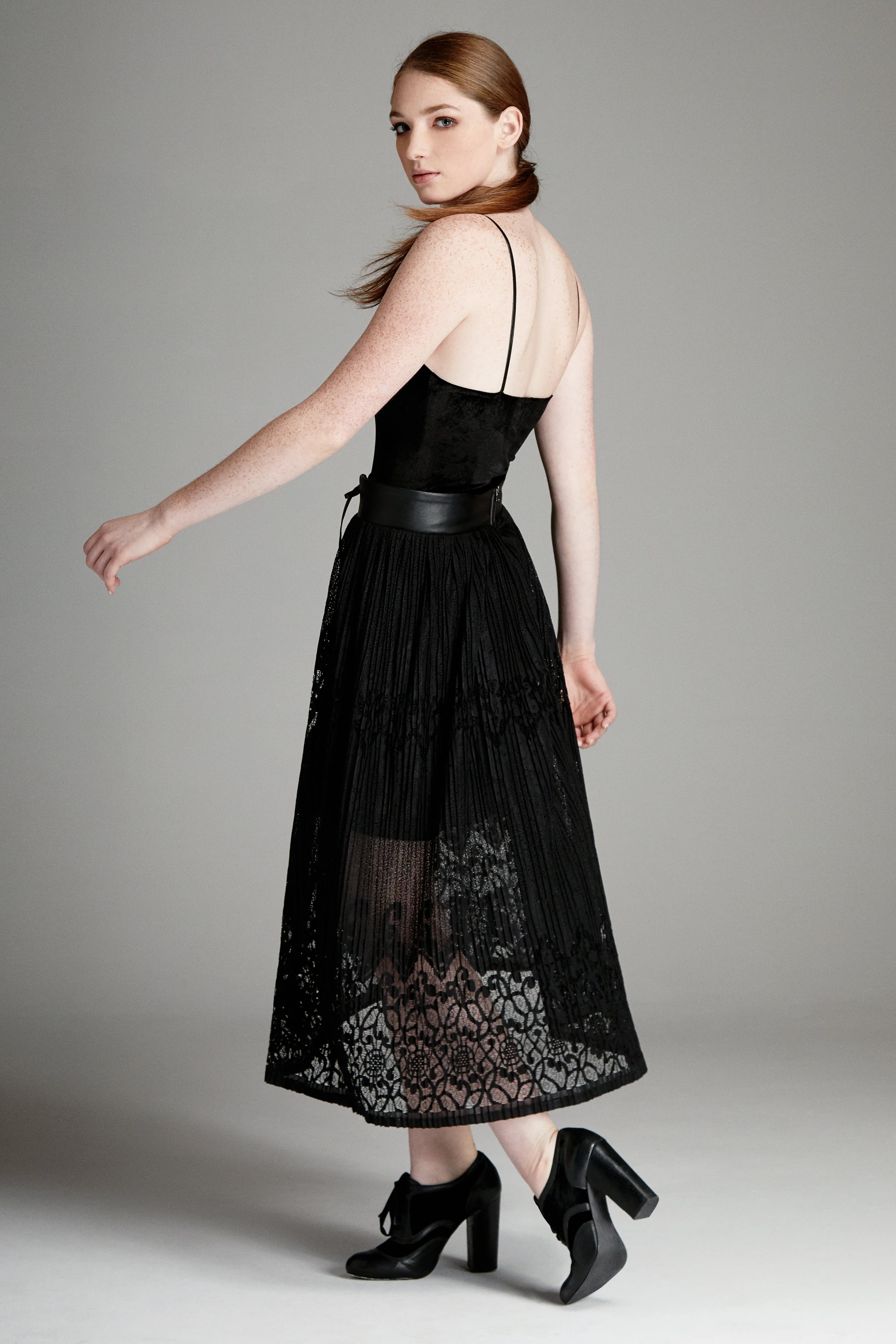 High Waisted Pleated Lace Midi Skirt  DENARA