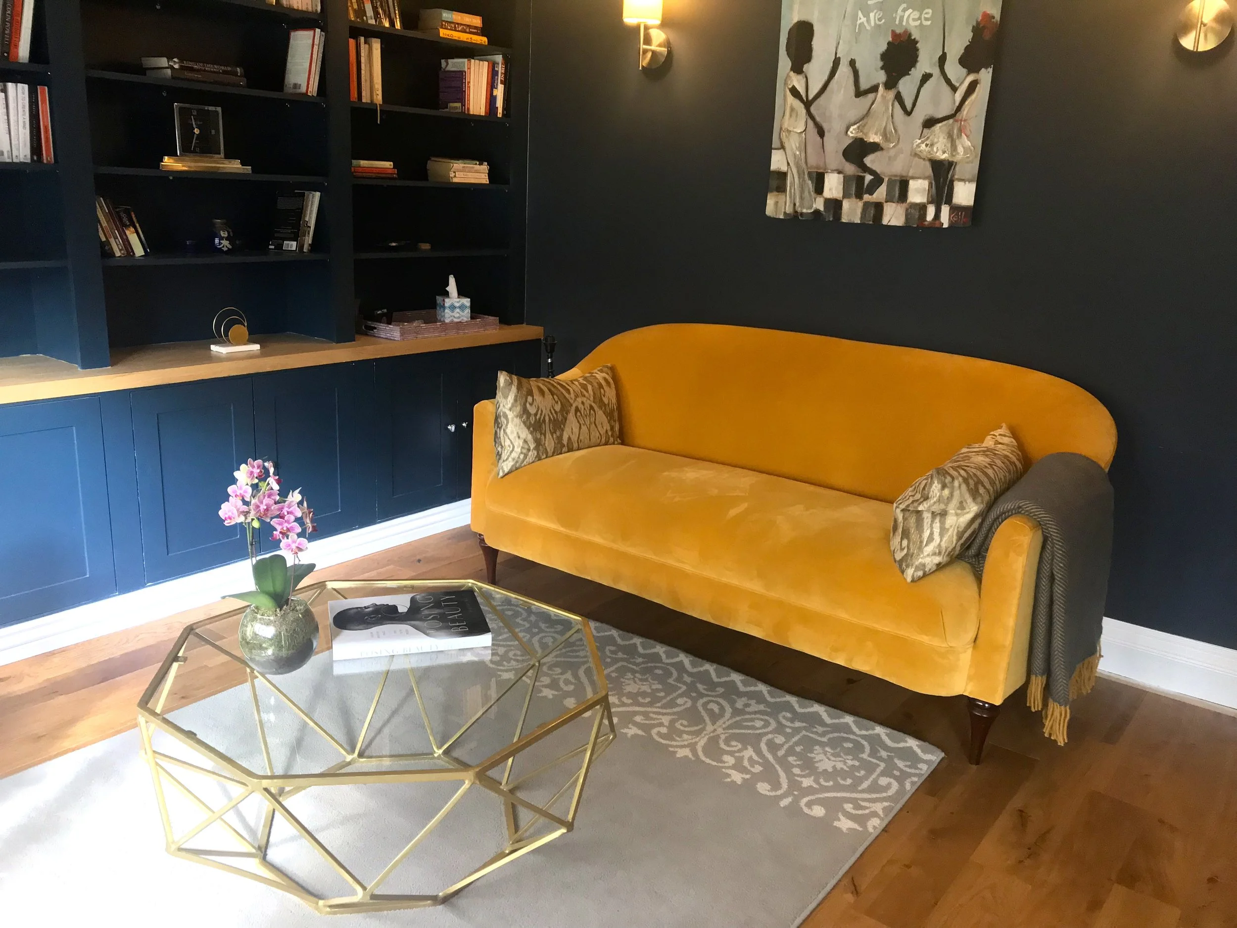bright yellow sofa to add a pop of colour to the room