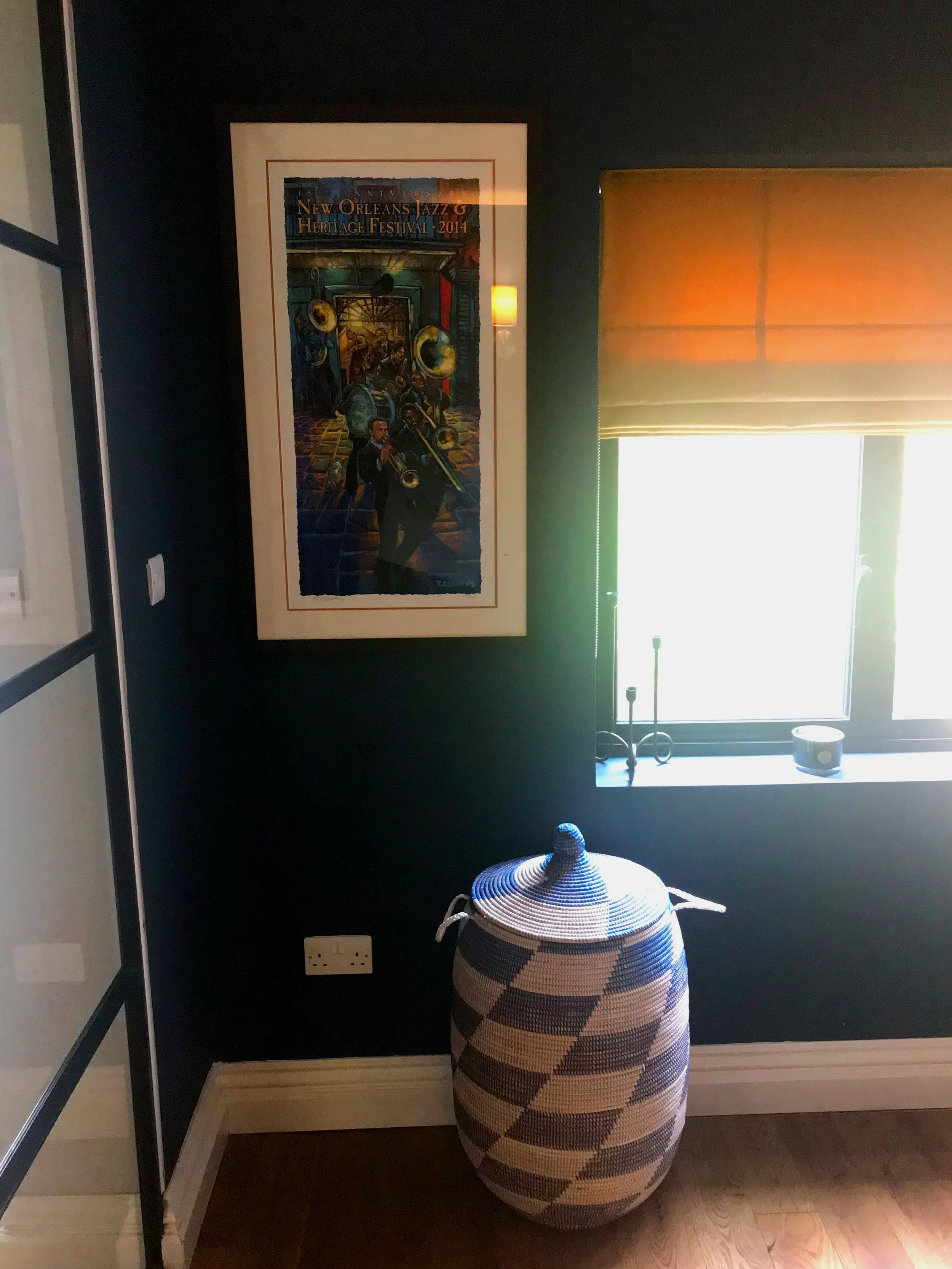 Jazz festival poster and handmade basket ideal for storing blankets