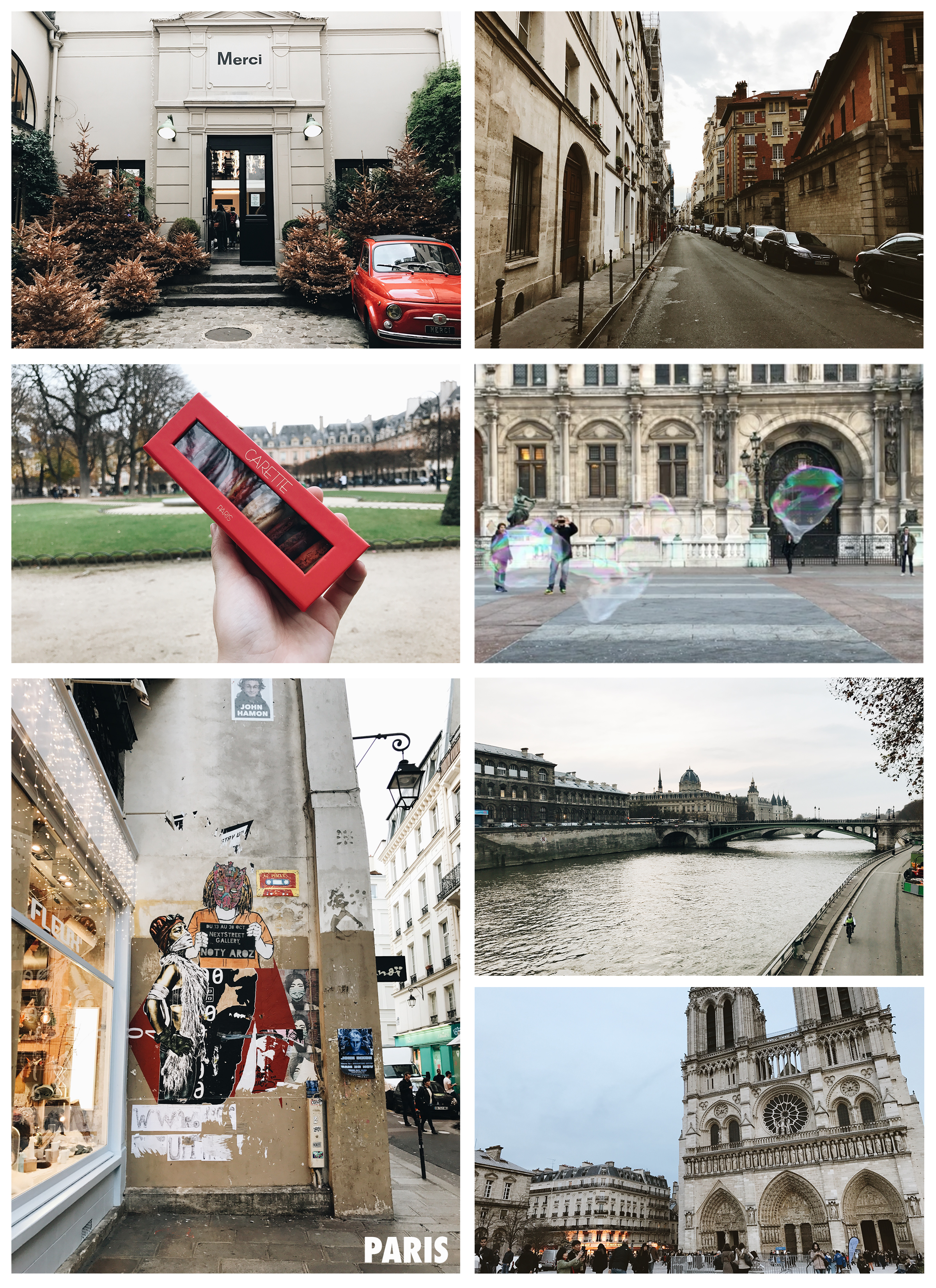 MY DAY IN LE MARAIS Our contributor LIndsey takes us on a stroll in the famed Parisian neighborhood. My favorite thing about traveling is wandering around a city by myself. Paris is a lovely place to do that and in particular Le Marais. After an amazing lunch at Le Petit Marche with some friends I began my post-lunch cardio, a walk and shop if you will. I had on my list to check out the Merci store and on my way I stumbled upon Leon & Harper . After doing a lap and grabbing so many wonderful dresses and blouses I ended up chatting with one of the women working there. I currently live in Brooklyn and it turned out she had lived in Greenpoint for a brief stint. It was awesome chatting with her about her views on Paris compared to New York, which I was surprised to hear how small most Parisians feel Paris is for them. She let me know that this line is sold in some of the Greenpoint boutiques which is a blessing and a curse (for my bank account). I managed to control myself and only purchased a dress and blouse. After a pit stop at the wonderful Merci store , I headed west and came to the Carette cafe and purchased some macarons to eat while I took a little break in the Place des Vosges . It was a cloudy day but the park was still full of people, even some people working out. I did not let an overachieving runner get me down as I munched away on a couple of macarons and took some photos. A short walk away I found the most visually stimulating store I have ever been to: Fleux' . Super trendy home goods and gifts. I kept seeing the same style of street art in the neighborhood and it fit in perfectly with the storefront. They had some other separate stores next door and across an alley if you walked all the way through the shop. I really dislike tchotchkes and was overjoyed with how many “not junk” gifts I could find here for people back home. And I found a little wooden bird on a stand for myself. I normally don’t buy decor when traveling but this bird just spoke to me… Or rather chirped. I was fairly close to Notre Dame now and I made my way to the bridge past a bubble performer that was surprisingly mesmerizing. I couldn’t figure out how he was getting money, but maybe it was just about the bubbles for him. Such simplicity. I’ve been to Notre Dame before. I like sitting in old cathedrals when I’m abroad, especially in Europe. We just don’t have anything that old and easily accessible in the States. It was nice to be in a place I’d been before even if it was full of tourists. I’ve recently become a sucker for those souvenir coin machines so I put in my euro, selected my design and turned the wheel. I sat in the pews with my shopping bags and coin and tried to imagine the last time Notre Dame was only a church and not a tourist destination. When did someone decide to charge people to walk up the stairs? I walked out to head back to our rented flat in the 2nd. For me, Paris has the same rhythm as New York and it felt very natural walking back. It was around the same time people were getting off of work and the cafe patios were starting to fill up. Once home, I checked the pedometer in my phone and 8.5 miles that day which earned me some wine, duck and macarons. Walk and shop success.