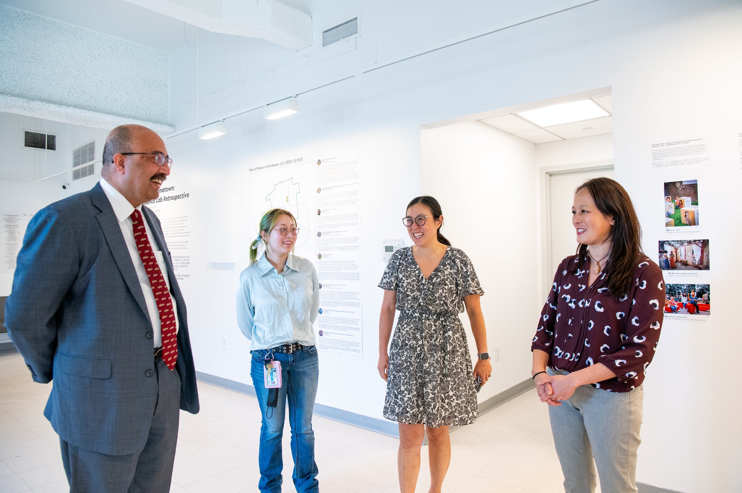 President Kumar with Rita Dai, Tufts student, Cynthia Woo, Director of Pao Arts Center, and Joann Yung, Chief Development Officer, at Pao Arts Center
