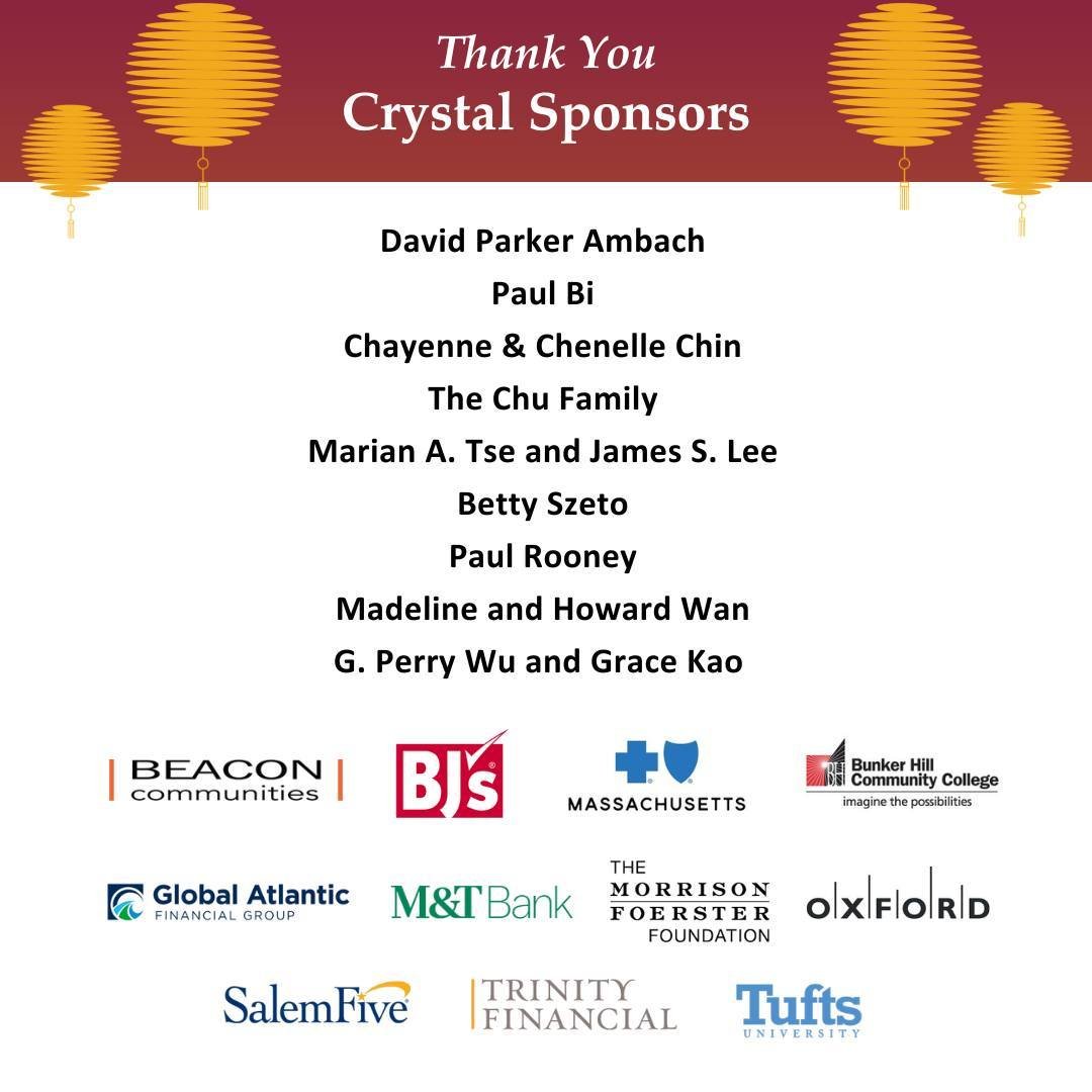 Special thanks to the Crystal Sponsors David Parker Ambach; Paul Bi; Chayenne &amp; Chenelle Chin; The Chu Family; Marian A. Tse and James S. Lee; Betty Szeto; Paul Rooney; Madeline and Howard Wan; G. Perry Wu and Grace Kao; @beaconcommunities; @bjsw