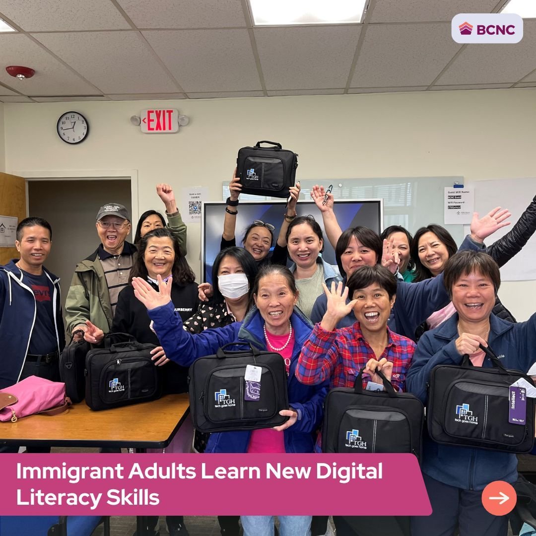 Asian immigrant adult students graduated from the @Tech Goes Home program which teaches digital literacy skills. After students from Quincy completed hands-on instruction, each student was awarded a free Chromebook, mouse, headset, and carrying case 