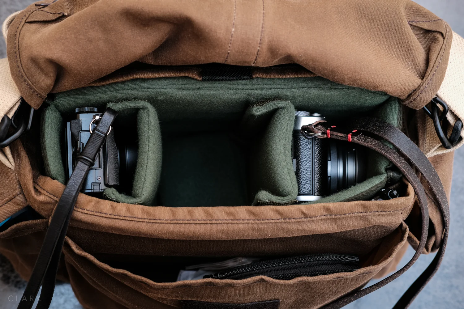 The Dome F-3X with the Hadley Small Insert keeps the bag nice and slim. The centre space holds my X-Pro2 and 35mm f2 attached.