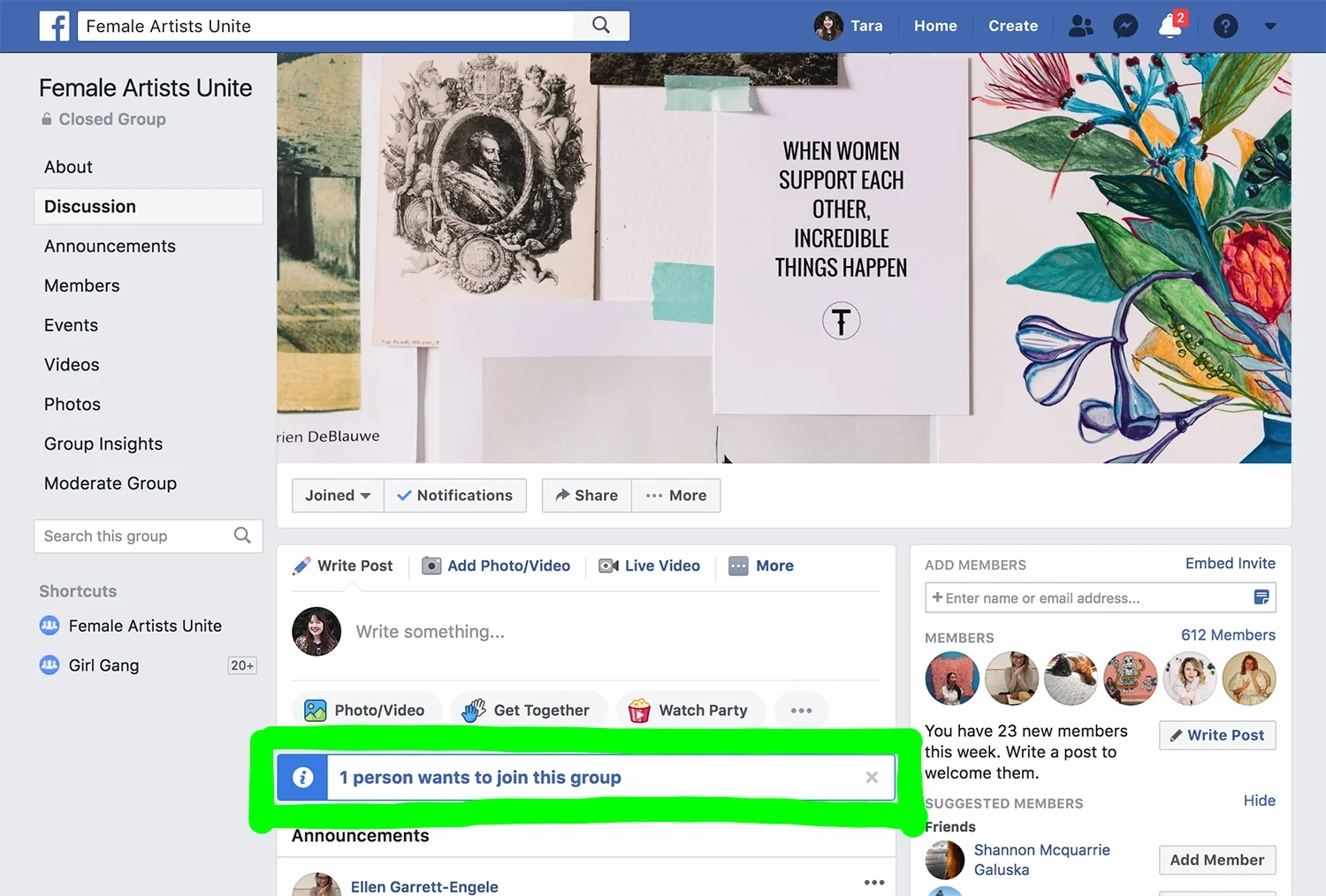 The notification for member requests sits below the area where you create a post and above page announcements.