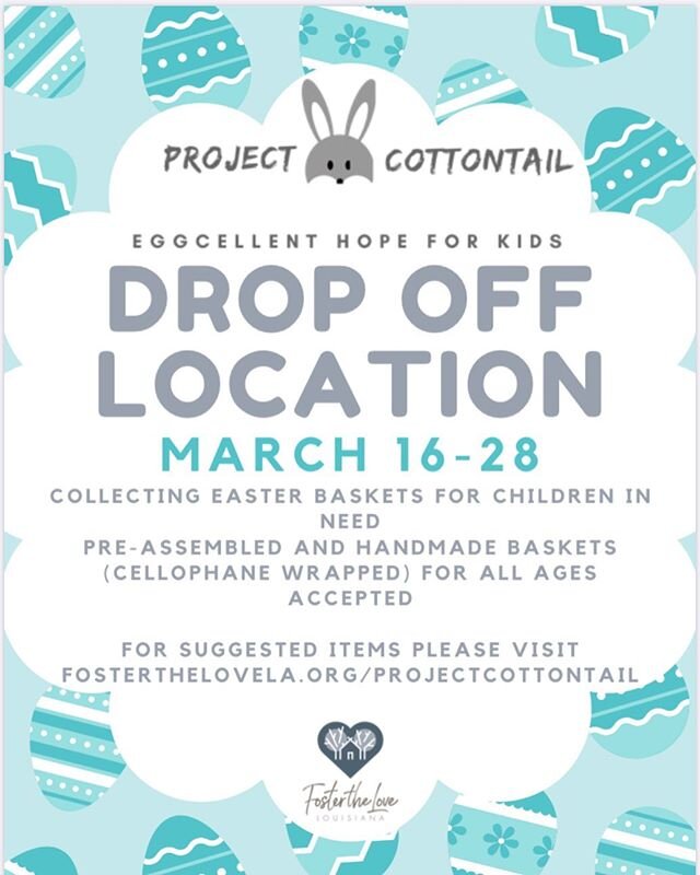 So excited to be a drop off location for Project Cotton Tail this year for Easter! Drop off hand-made or store bought Easter baskets for children in need. We are also accepting &ldquo;feel good&rdquo; baskets for single moms or dads of one parent hou