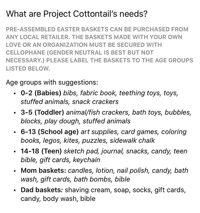 Here are some of the needs to include in the baskets. Please help out in any way that you can!