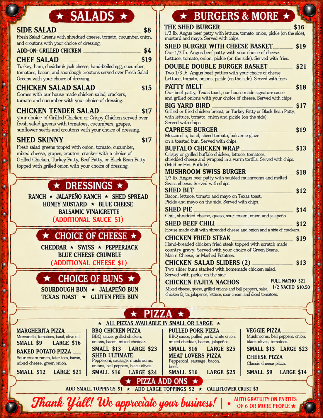 Menu with sections of salads, dressings, cheese options, buns, pizzas, and burgers. Salads include side salad, chef salad, chicken salad, and more. Burgers include The Shed Burger, Cheeseburger, Buffalo Chicken Wrap, and others. Pizzas include Margherita, BBQ Chicken, Pulled Pork, Veggie, and Cheese. Toppings and additions listed.