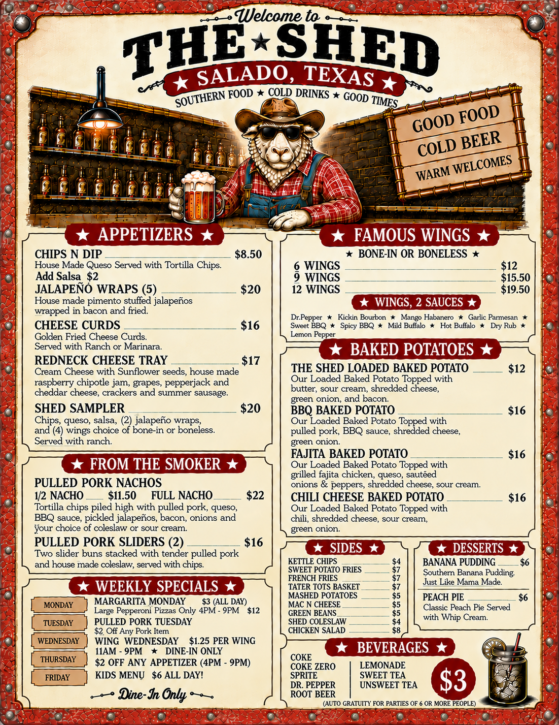 Colorful restaurant menu with a neon sign saying "Welcome to the Shed Salado, Texas". The menu features sections for appetizers, famous wings, baked potatoes, from the smoker, weekly specials, sides, desserts, and beverages.