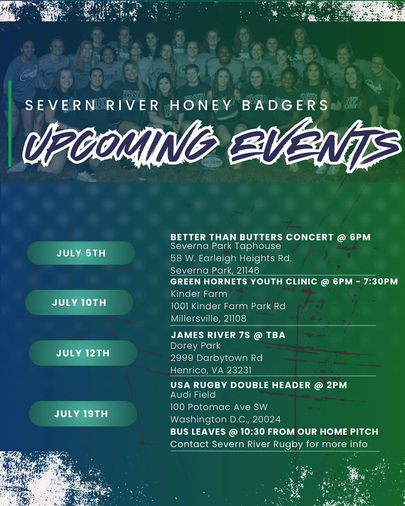 July’s Forecast: ☀️Scrummy with a chance of Raid(ers)😈☔️
Catch the Badgers around town at a few events this month! Don’t forget your sunscreen. It’s gonna be hot out here 🔥