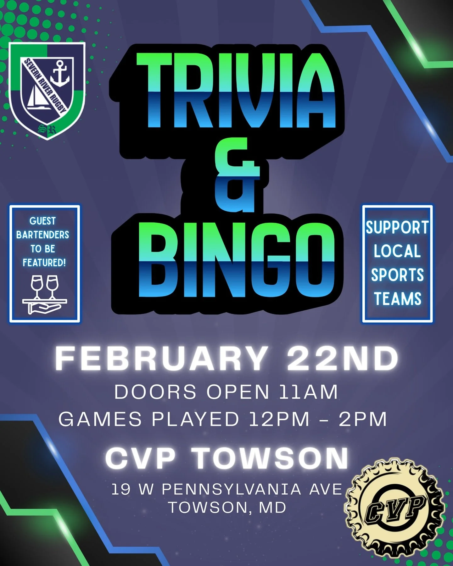 ‼️FEBRUARY 22nd‼️
Join us at @cvp_towson for TRIVIA + BINGO!

🕚 Doors open: 11am
🕛 Games: 12pm&ndash;2pm
PLEASE RSVP USING LINK 

https://www.eventbrite.com/e/severn-river-honeybadgers-trivia-bingo-tickets-1977734704741

A percentage of all proceed