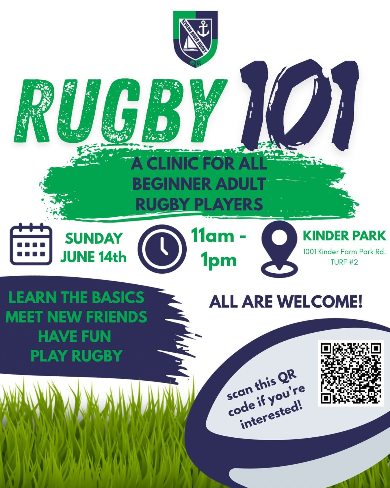 BEGINNER RUGBY PLAYERS! Looking to learn some basic rugby skills? Join us for Rugby 101 on June 14th at Kinder Park from 11-1! Fill out the form in the QR code if you&rsquo;re interested and feel free to reach out with any questions.