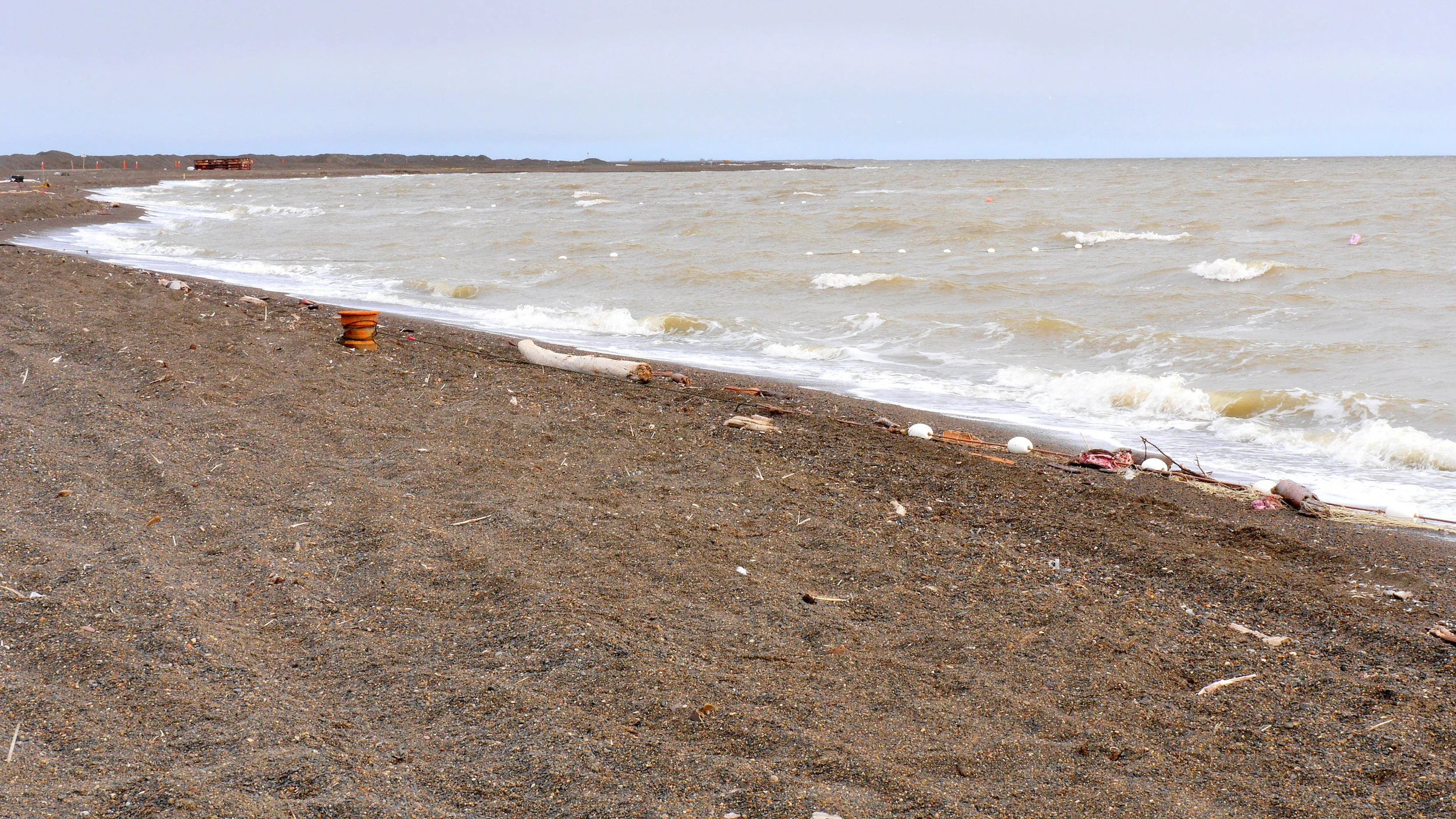 Gillnets strategically placed to intercept fish along the shore of Elson Lagoon near Barrow. (Photo credit: Liz McKenzie