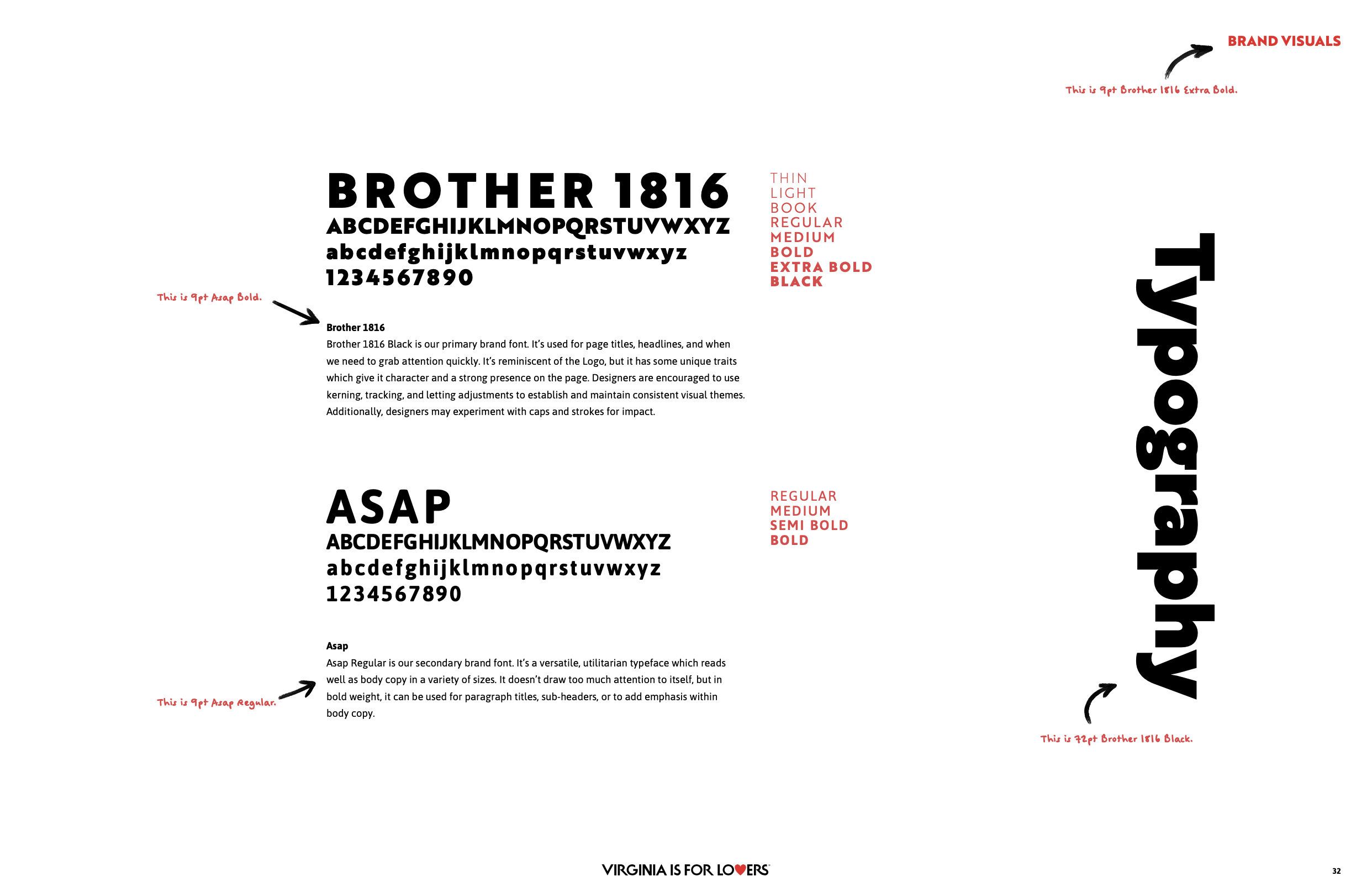Page from a typography guide showcasing different fonts: Brother 1816, Asep, and Virginia. Each font style is displayed with uppercase and lowercase letters and numbered 1 to 0. Handwritten annotations describe font characteristics and provide recommendations, with some text in red for emphasis.