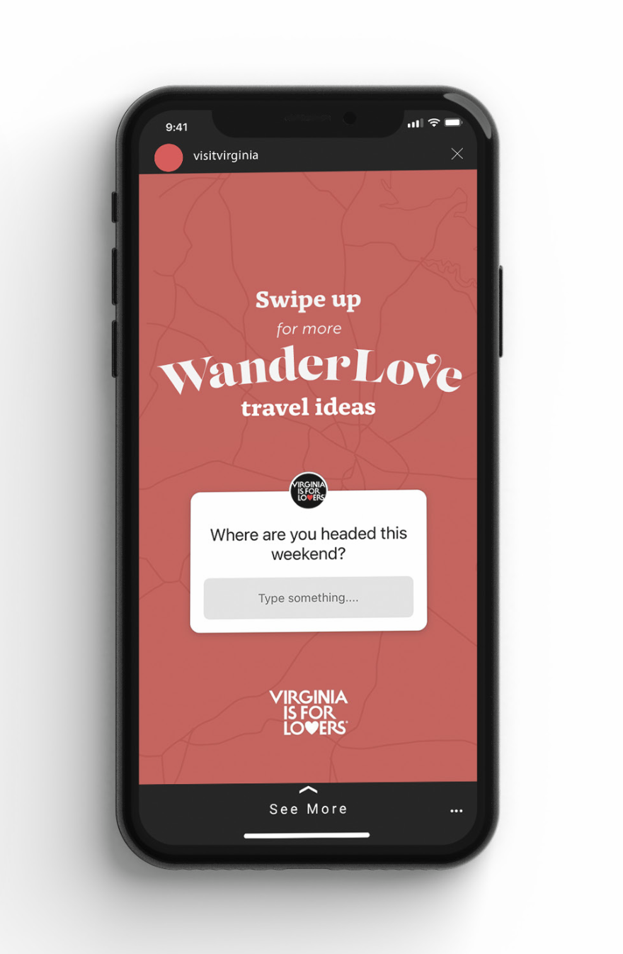 Mobile phone displaying a travel app with a red background, white text promoting travel ideas, and a question asking where the user is headed this weekend.