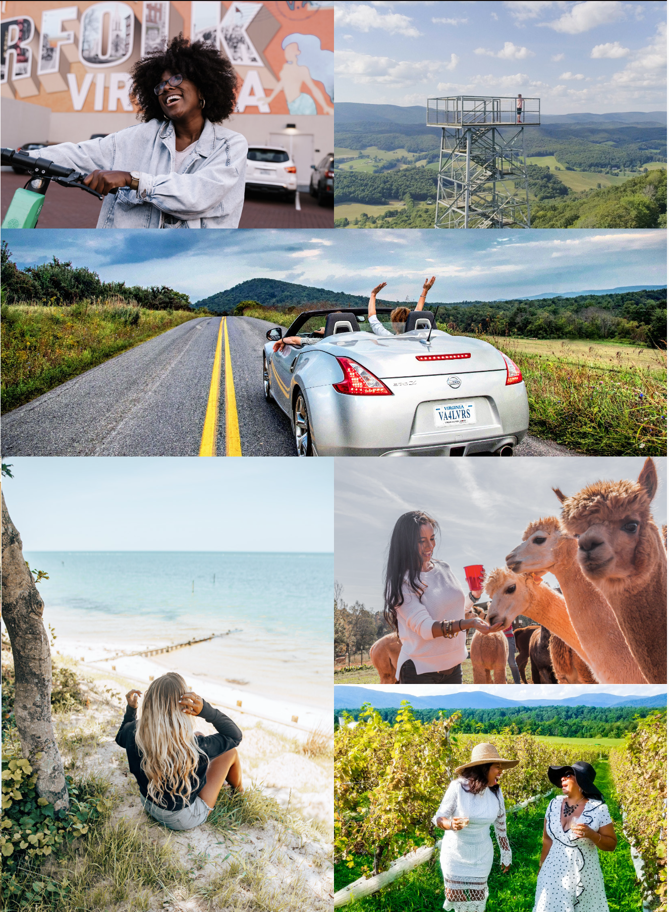 Collage of four outdoor scenes: a woman riding an electric scooter in front of a mural, a person on a lookout tower overlooking hills, a woman sitting on a sandy beach near the ocean, and two women walking through a vineyard with grapes and leaves.