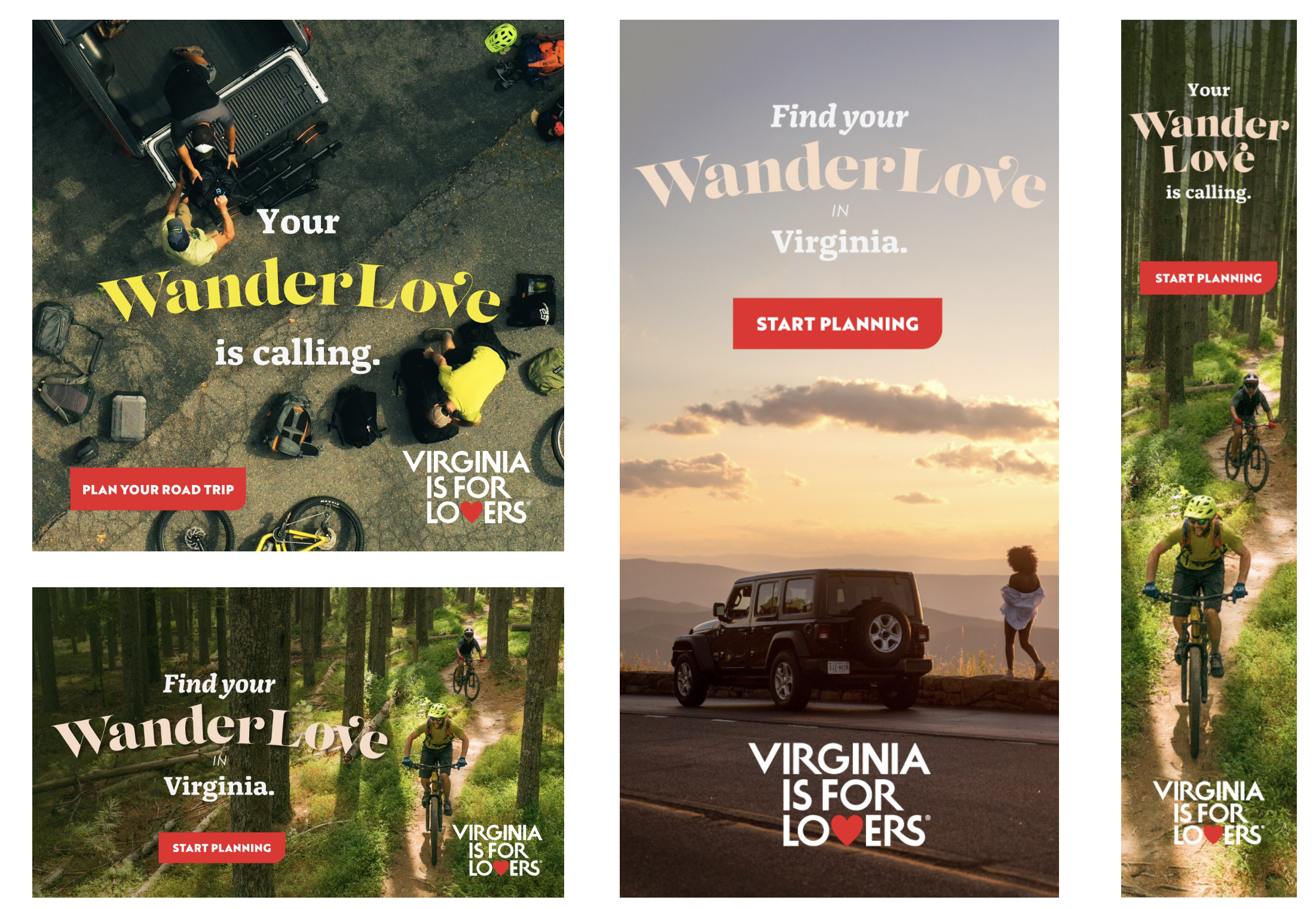 A collage of outdoors and adventure scenes with promotional text for Virginia travel, featuring cyclists, a car on a road, and wooded trails, with phrases like 'Your Wander Love is calling' and 'Find your WanderLove in Virginia,' along with red buttons saying 'Plan Your Road Trip' and 'Start Planning.'
