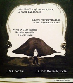 Zack Merritt's Sonata for solo viola (premiere), George Aperghis's Rasch for sop. sax. and viola, Garth Knox's Viola Spaces vol. 1 for solo viola, and Garth Knox's Jonah and the Whale for viola and tuba.