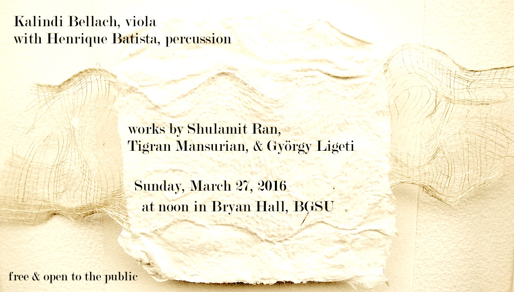 Sulamit Ran's Perfect Storm for solo viola, Tigran Mansurian's Lied und Gebilde (including Drei Taghs and Tanz ) for viola and percussion, and György Ligeti's Sonate for solo viola